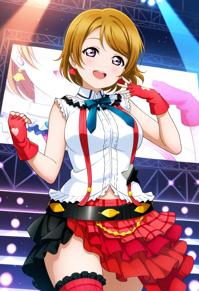 masterpiece, best quality, 1girl, solo, cowboy shot, <lora:ill_lv_hanayo:1>, lovelive_hanayo, cowboy shot, bokura wa ima no naka de, red skirt, frills, white dress, fingerless gloves, deep-blue colored bow tie, red gloves, thighhighs, belt, large breasts, brown hair, swept bangs, short hair, purple eyes, looking at viewer, smile, open mouth, live stage