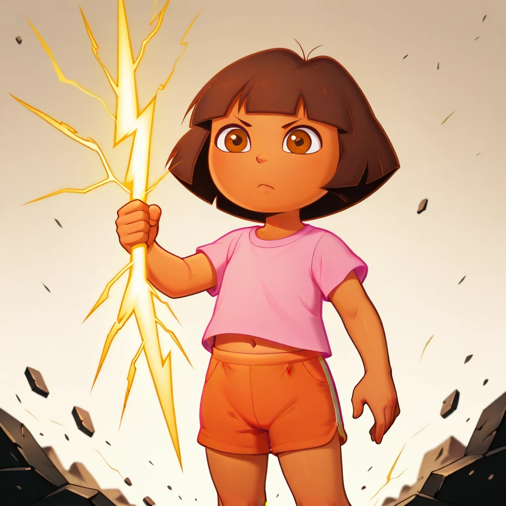 masterpiece, best quality, high quality, 1girl, solo, Dora, short hair, brown hair, brown eyes, tan, pink shirt, orange shorts, cowboy shot, <lora:DoraTheExplorer_illustrious_Leaf3:1>, HoldingZeusThunderBolt, holding lightning,  <lora:HoldingZeusThunderBolt_illustrious_Leaf2-000010:1>, debris,