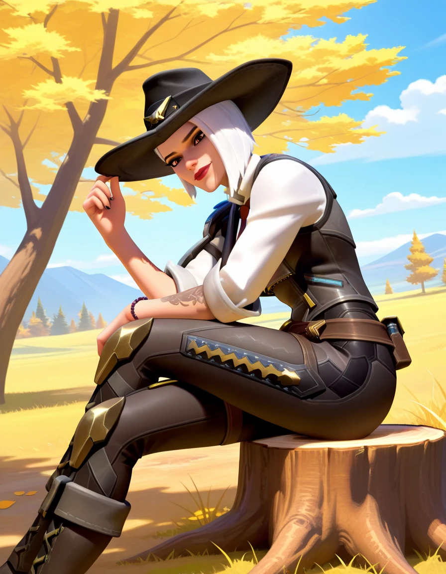 score_9, score_8_up, score_7_up, 1girl, asheow, ashe_(overwatch),   <lora:Asheow1 illus:1> Sitting on a tree stump looking natural