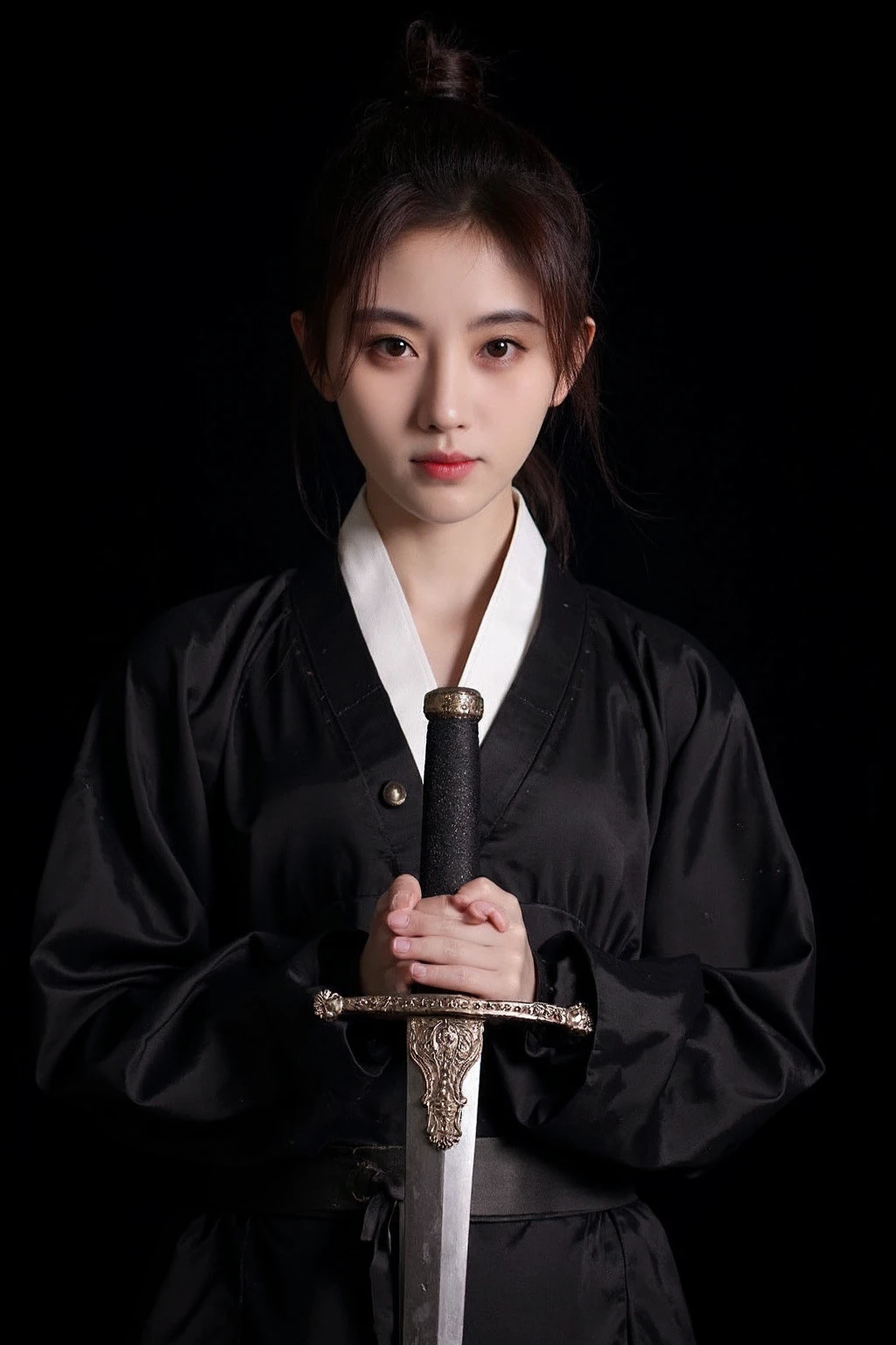 The image shows a young asian woman wearing a traditional martial arts outfit, predominantly black with white inner layers, holding an ornate sword upright in front of their face. The sword features a decorative hilt and intricate carvings, suggesting a historical or cultural design. her expression is intense and focused, with hair partially tied back, giving a windswept appearance. The dark background adds to the dramatic and mysterious atmosphere, emphasizing their poised and determined demeanor, likely representing a warrior or martial artist in a historical or cinematic context..,<lora:flux_realism_lora:1>, . <lora:makinaflux_jujingyi_v1.0:1>