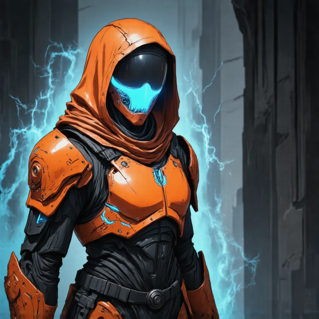 oren-bot-mmxxiv, a digital illustration in a stylized futuristic cyberpunk art style. The subject is a humanoid figure likely a soldier or mercenary dressed in high-tech orange and black armor with glowing blue accents. The armor features a hooded cloak that drapes over the figure's head with the hood pulled up obscuring the face except for the glowing blue visor that covers the eyes giving a robotic or cybernetic appearance. The visor's glow casts a bright ethereal light on the armor highlighting the intricate details and textures.