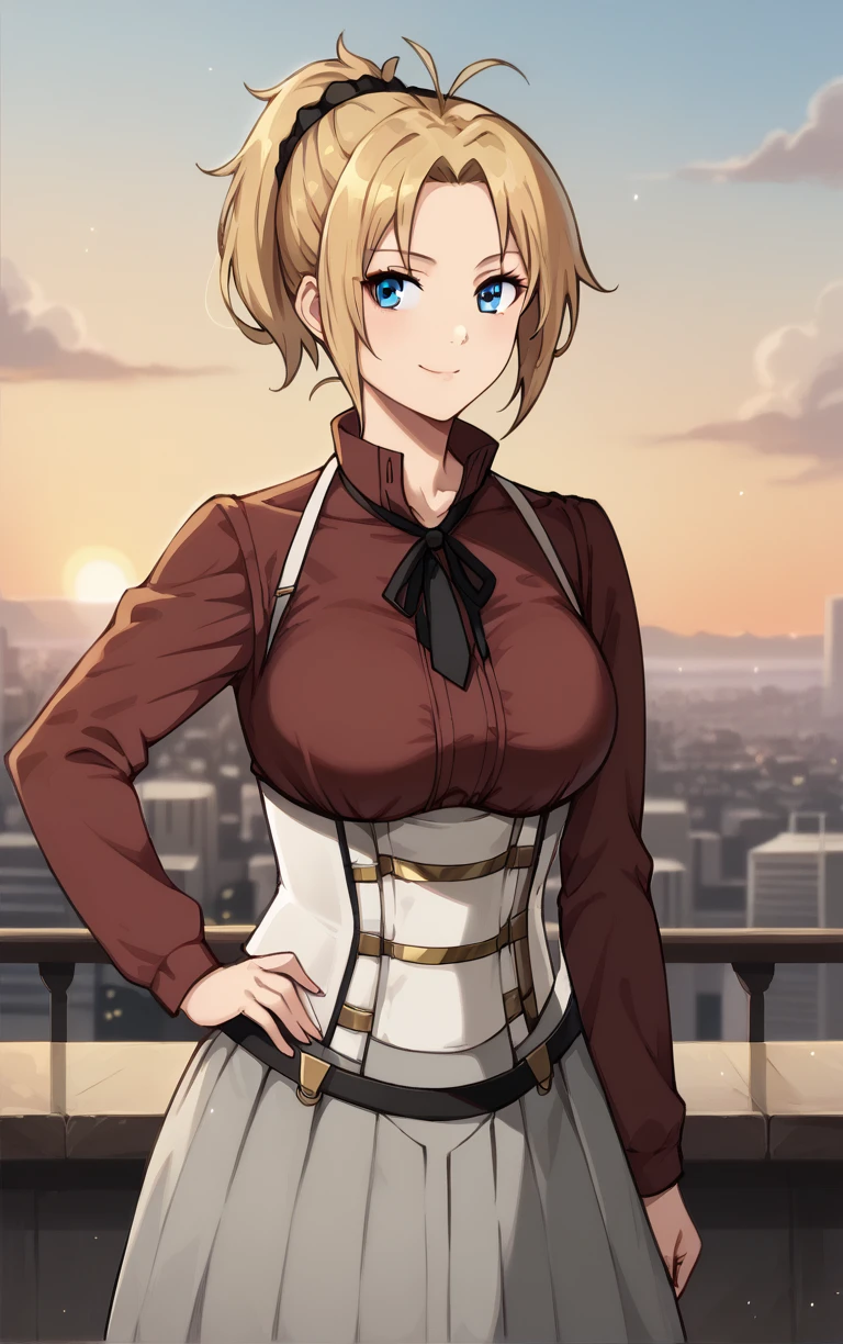 score_9, score_8_up, score_7_up, BREAK
MainOutfit_ZenithGreyrat_ownwaifu, 
1girl, blonde hair, blue eyes, hair pulled back, medium hair, parted bangs, short ponytail, sidelocks, ponytail, large breasts, collarbone, hair scrunchie, antenna hair, high ponytail, 
belt, black ribbon, neck ribbon, red shirt, suspender skirt, turtleneck, underbust, white corset, long sleeves, shirt, skirt, suspenders, collared shirt, grey skirt, pleated skirt, black necktie, long skirt, 
(contrapposto, hand on hip), sunset, sidelighting, cityscape, vanishing point, outdoors, <lora:PONYXL_MushokuTensei_ZenithGreyrat_ownwaifu:1> , depth of field, solo,