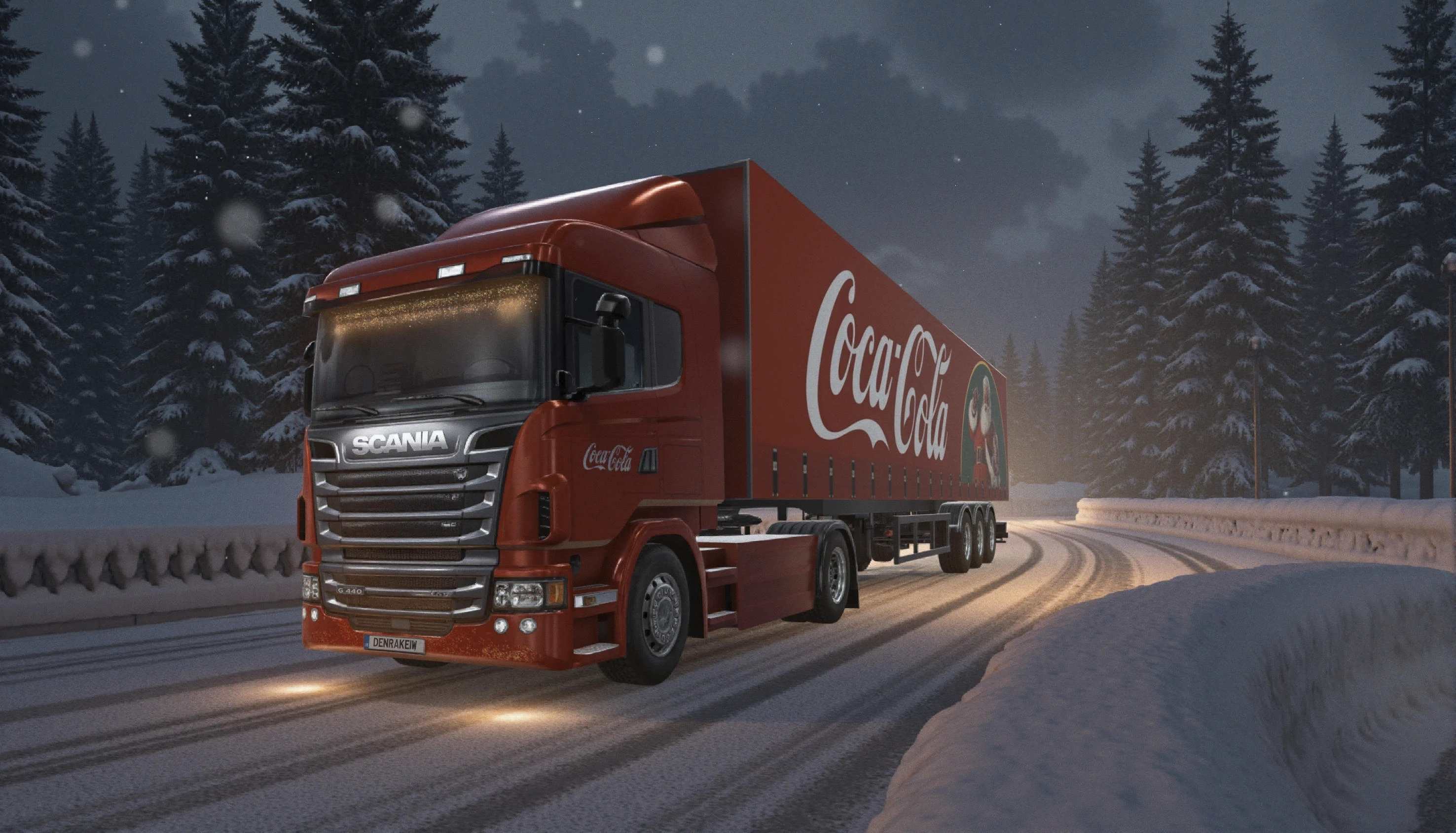 A cinematic masterpiece featuring a Scania G440 Coca-Cola Christmas truck creating pure magic at twilight. The truck emerges from swirling snow, its thousands of Christmas lights twinkling like stars against the deep red livery. The iconic white Coca-Cola script glows with an ethereal luminescence, while golden light emanates from the cab's interior. A trail of magical sparkles follows the truck's path, transforming the snowy landscape into a wonderland of light and color. The composition captures the truck in a dramatic three-quarter angle, emphasizing its majestic presence against a backdrop of snow-laden pine trees. Soft bokeh effects create floating orbs of light that dance around the vehicle, while the fresh snow reflects the warm glow of the truck's illumination. Crystal-clear icicles catch and refract the light, creating prismatic rainbow effects throughout the scene.