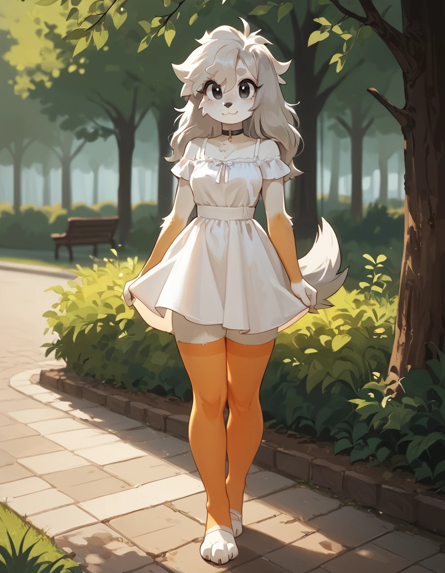 score_9,score_8_up,score_7_up,
outdoors,park,
full body,seductive smile,long eyelashes,
sundress,thighhighs,
<lora:Allie_v01_PDXL:1>,A11ie,1girl,solo,furry female,dog girl,black eyes,dog ears,dog tail,long hair,grey hair,body fur,white fur,
<lora:add-detail-xl:1>,