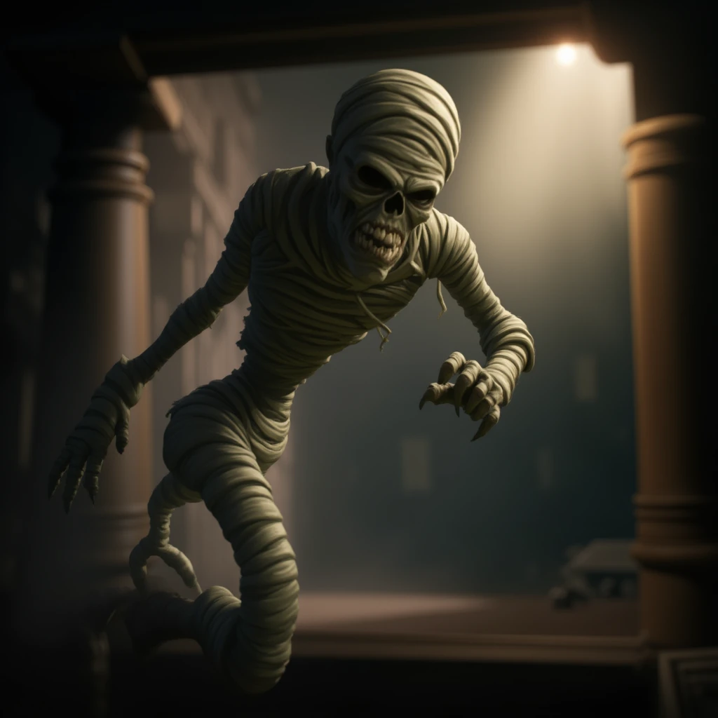 cinematic film still of  <lora:Mummy v1:0.8>
Mummy (undead) Monster Creature a cartoon mummy running with a bandaged hand, shallow depth of field, vignette, highly detailed, high budget, bokeh, cinemascope, moody, epic, gorgeous, film grain, grainy