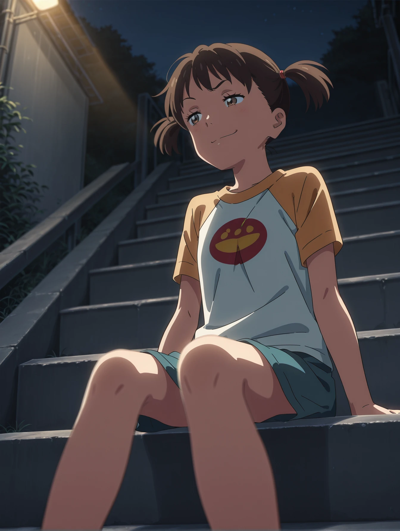 1girl, solo <lora:your-name-illustrious-000010:1> fu7aba, short twintails, t-shirt, raglan sleeves, stairs, sitting, night, smirk, from below
masterpiece, best quality, cinematic lighting