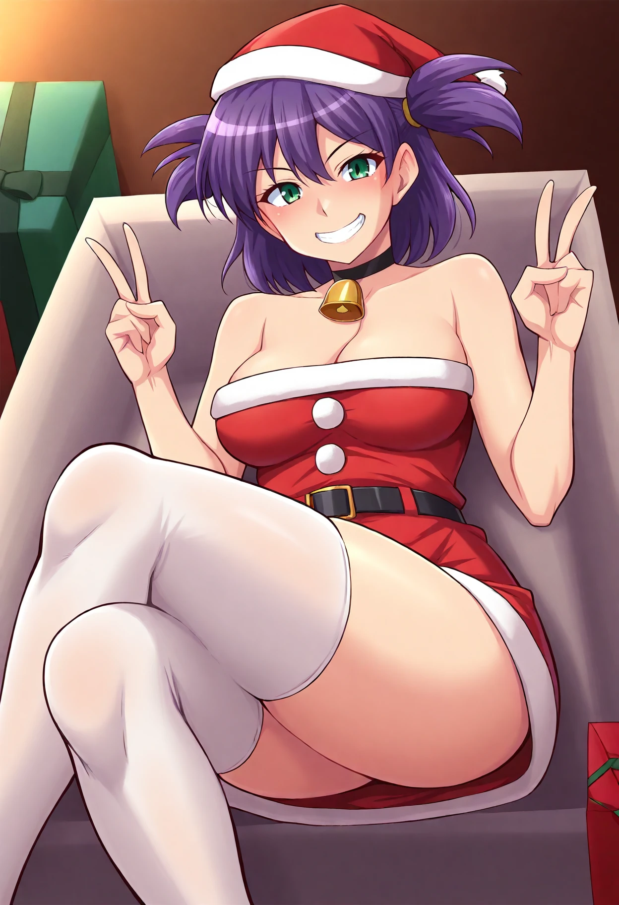 <lora:FTNRN:1>
<lora:UnylIll++cWr-000009:0.7>
1girl, solo,
UnylIll, two side up,  green eyes, purple hair, short hair, hair tie, medium breasts,
low light, low_exposure,
thighhighs, smile, santa hat, white thighhighs, double v, box, looking at viewer, bell, hat, choker, belt, dress, lying, fur-trimmed dress, fur trim, santa dress, grin, blush, christmas, bare shoulders, santa costume, red dress, black choker, gift box, gift, neck bell, red headwear, bow, thighs, strapless,
(perfect quality, best quality, masterpiece, absurdres, newest)