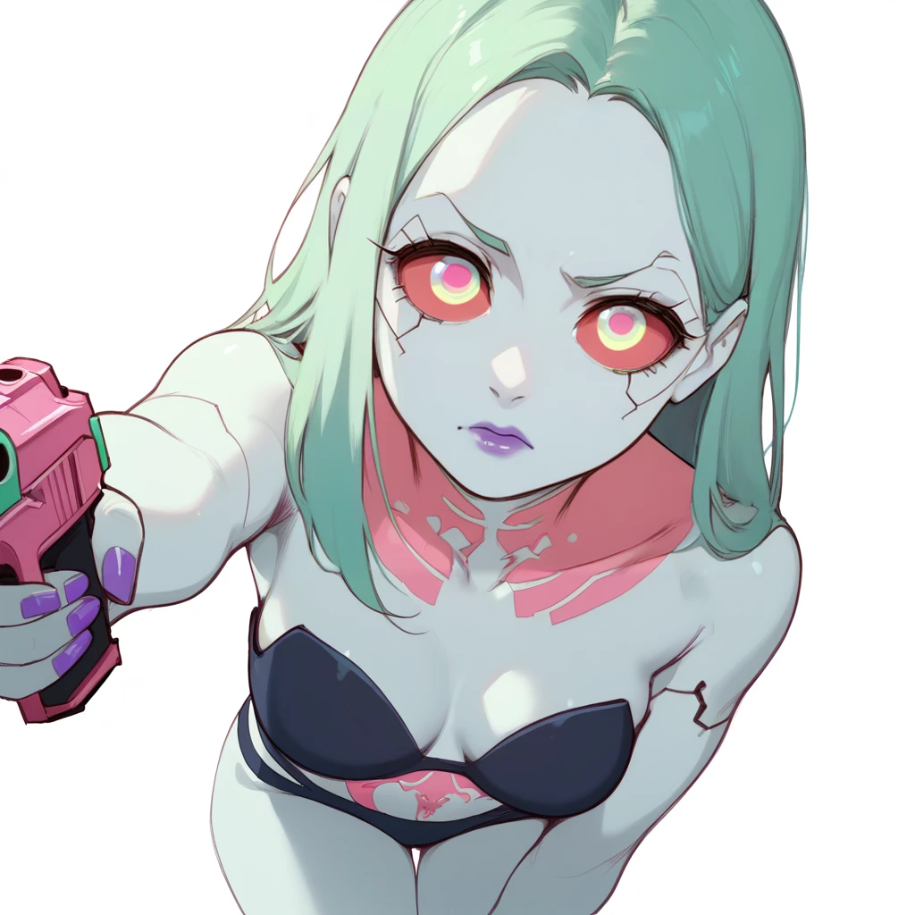 <lora:CPER_Rebecca-PONY:0.9> 1girl, solo, white background, high angle, raised eyebrow, aiming handgun at viewer, cpbecca, colored skin, purple lipstick, colored sclera, aritificial eyes, green hair, black bra, strapless, black panties, pink tattoo, score_8_up, score_7_up, score_6_up, score_5_up