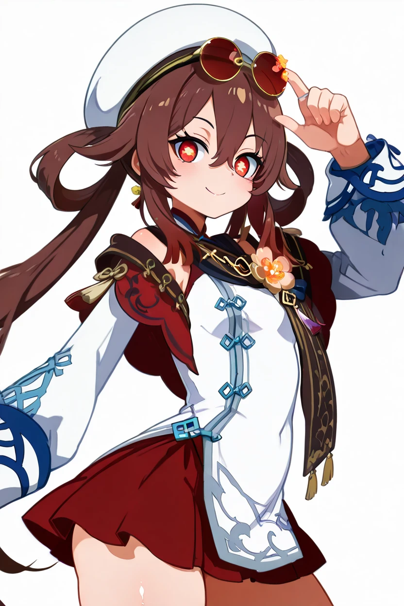 masterpiece, best quality, solo, curvy, beautiful eyes,zzHuTaoCSL,  red eyes, brown hair, long hair, hair between eyes, twintails, sidelocks, flower-shaped pupils, official alternate costume, symbol-shaped pupils, alternate costume, sunglasses, eyewear on head, white headwear, long sleeves, chinese clothes, skirt, hat, jewelry, white shirt, flower,  ,<lora:HuTao_CherriesSnowLaden_IXL:1.0>,  dynamic pose, cowboy shot, smile, looking at viewer, shiny skin,<lora:HaradaTakehitoIXL_v3:1.3>, <lora:ZankuroIXLLight_v2:0.6>,