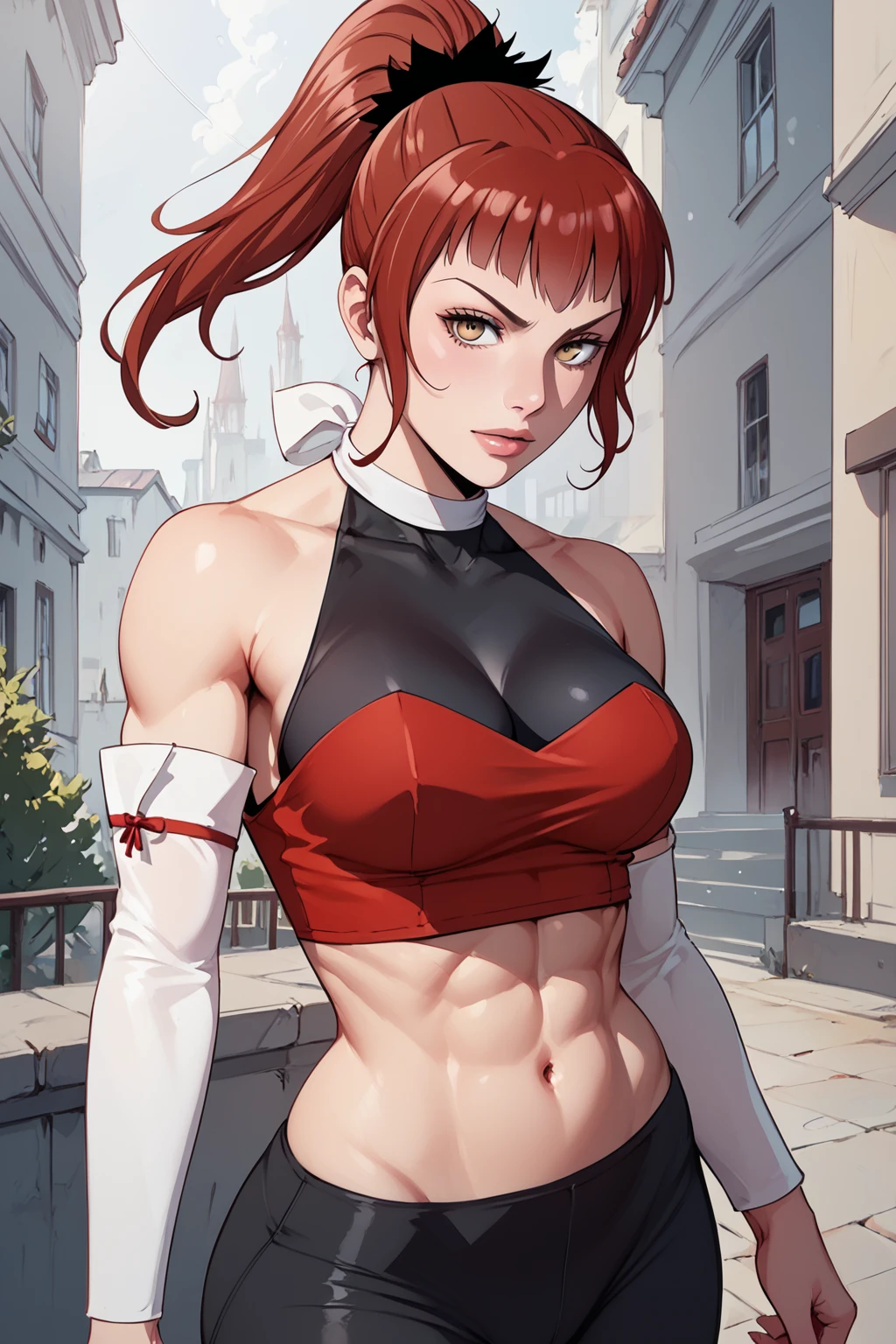 score_9, score_8_up, score_7_up, masterpiece, high quality, extreme detail, absurdres, (detailed skin texture) BREAK
 <lora:Hong SeorinPonyLora:1>seorin, toned, bangs, ponytail, headband, halterneck, crop top, bare shoulders, detached sleeves, midriff, leggings