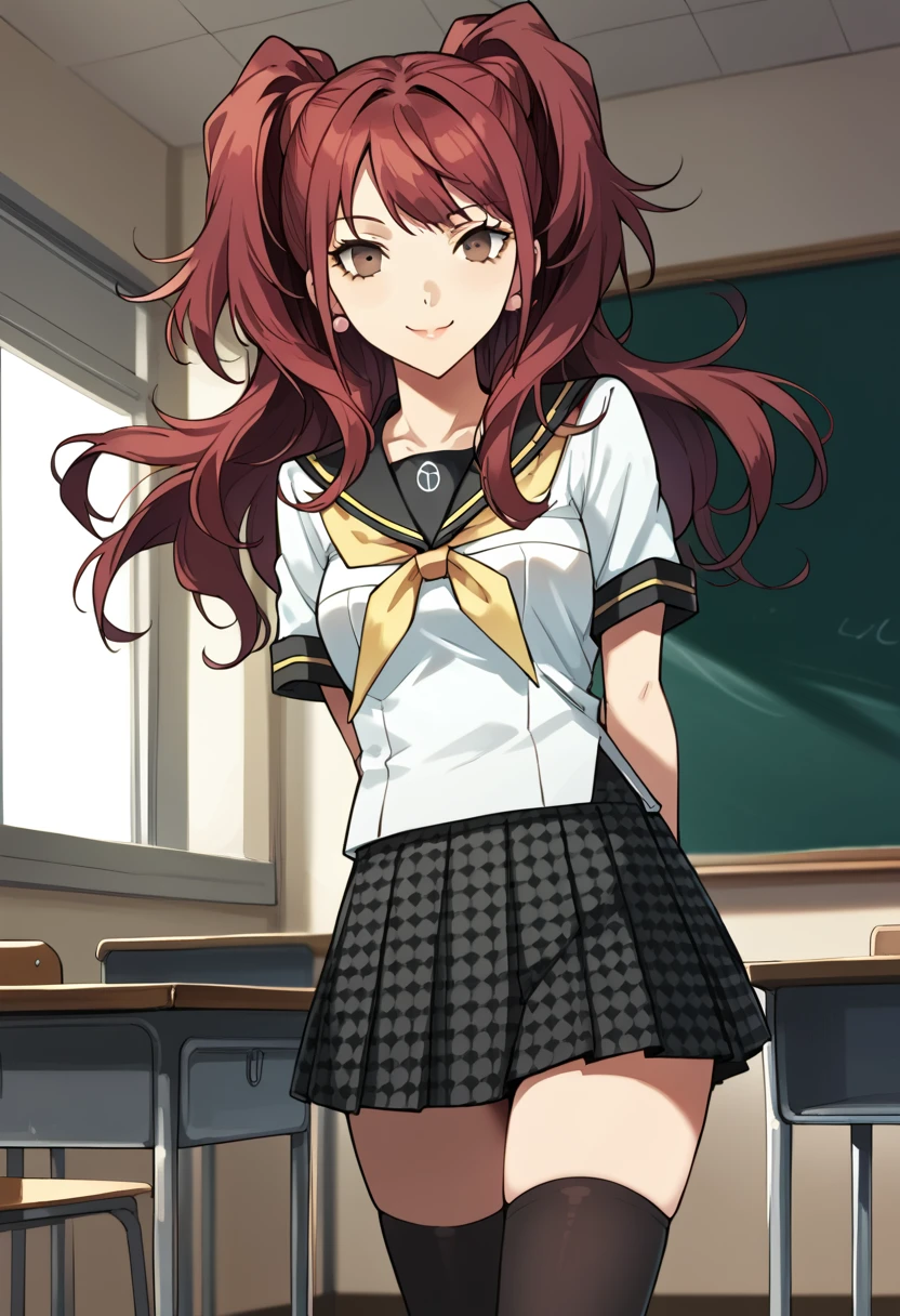 score_9, score_8_up, score_7_up, (source_anime), 1 girl, solo, nsfw, cute face,
p4rise, twintails, kujikawa rise, long hair, red hair, earrings, school uniform, serafuku, yasogami school uniform, skirt, brown eyes, houndstooth skirt, black thighhighs, zettai ryouiki,
looking at you, smile, arms behind back, thighs, 
classroom,
masterpiece, best quality, ultra detailed, absurdres, very aesthetic