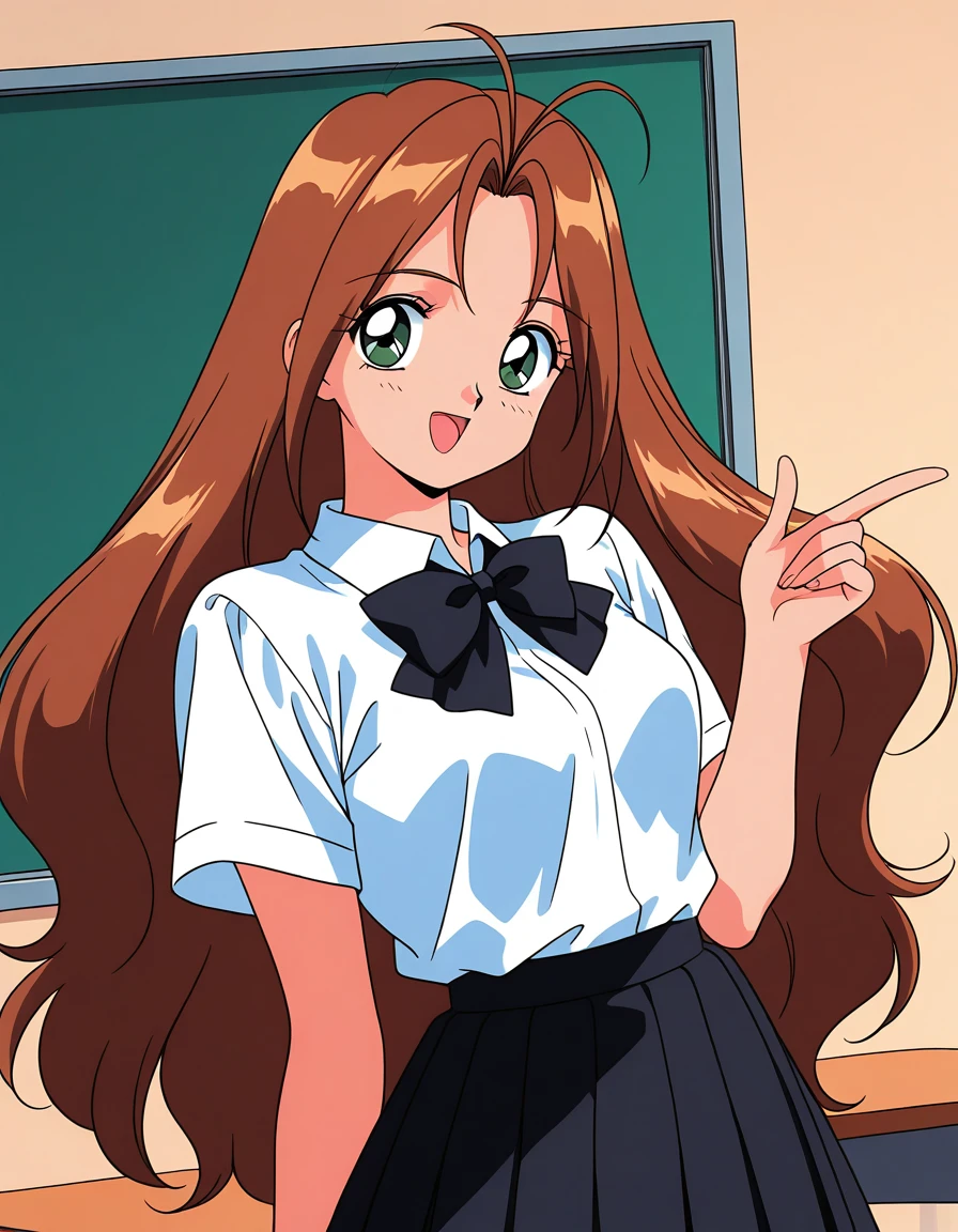 general,highres, ultra-detailed,very aesthetic,best quality ,best hands,  BREAK <lora:Tanima_Yuri_IS:1> Tanima_Yuri, 1girl, solo, long hair, brown hair, green eyes, breasts, antenna hair, 1990s \(style\),anime coloring,
 skirt, short sleeves, open mouth, black skirt, shirt,looking at viewer, white shirt, smile, 
school uniform, shirt tucked in, bow, black eyes, collared shirt, pleated skirt, bangs, very long hair, black bow, :d,
class room,