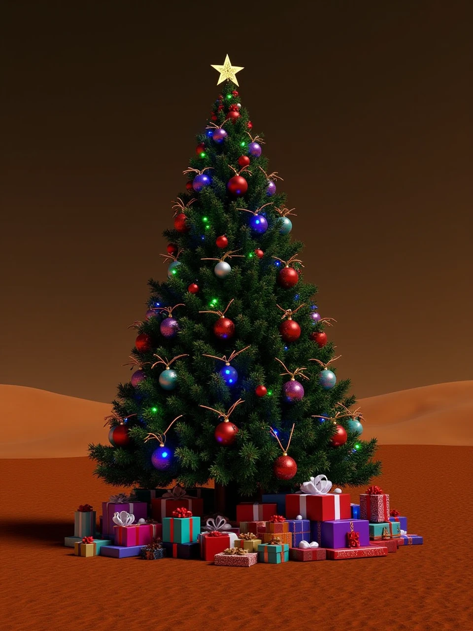 This is a photo taken on the surface of Mars of a tall Christmas tree covered with colorful lights and various Christmas decorations, and a pile of colorful gift boxes under the tree, which is in the middle of a barren Martian desert.
coh24,Christmas tree.