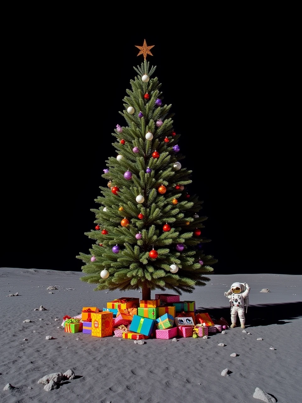 This is a photo taken on the surface of the moon of a tall Christmas tree covered with colorful lights and various Christmas decorations, a pile of colorful gift boxes under the tree, and the tree in a barren patch of lunar soil and meteorites next to astronauts and astronaut-driven lunar rovers.
coh24,Christmas tree.