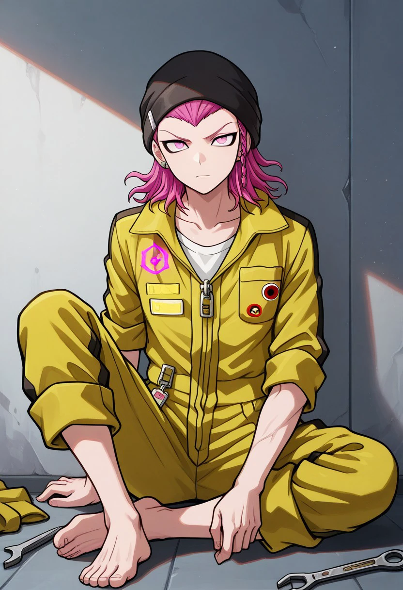 masterpiece, best quality, 
weslie, 1boy, male focus, solo, pink eyes, pink hair, medium hair, braid, side braid, bangs, hat, black hat, beanie, jewelry, earrings, collarbone, jumpsuit, yellow jumpsuit, shirt, white shirt, sleeves rolled up, pants rolled up, zipper pull tab, barefoot,
indoor, sitting, on floor, tools, mechanism,