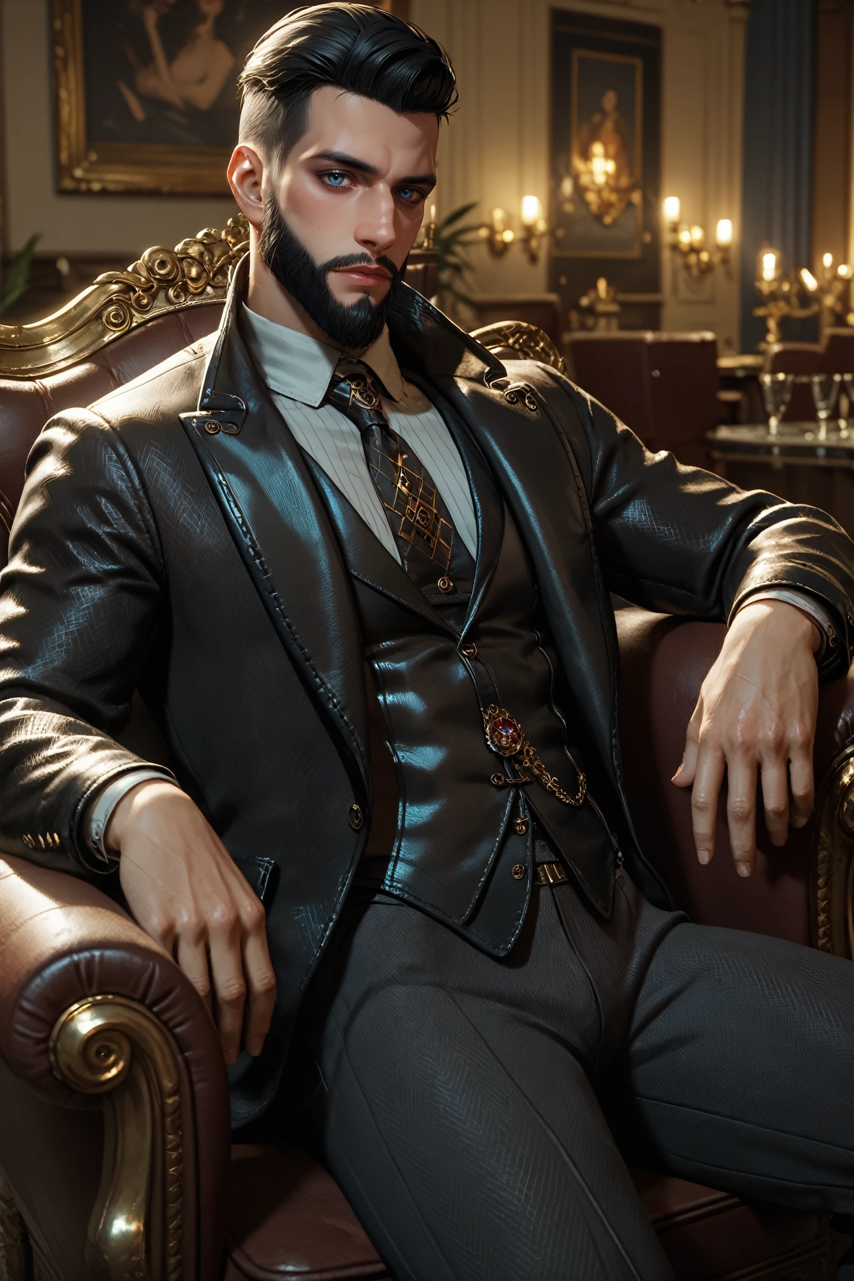 1boy, 16~20 years old, male focus, muscular male, nsfw, 3D, realistic, indoor, normal hue, central, golden ratio, sitting on the leather throne, sharp-featured body, tall, burly, highres, slender build, perfect anatomy, skin texture, thick dark buzzcut hair, see-through bangs, shallow eyebrow, symmetrical eyebrow, large bright eyes, symmetrical eyes, square gold-rimmed glasses, big straight nose, closed mouth, double-edged polearm, broad shoulders, noble attire, bdominal stretch, tight-fitting, leather collar, stand-up collared shirt, necktie, waistcoat, open thickened glossy dark leather jacket, six-pack abs, leather gloves, black trousers, leather belt, spreading long thin legs, <lora:OnlyCocks_v1.0:0.5>, large erect penis over 10 inches length and 3 inches width, erection, large scrotum with testicles, masturbation, high-heeled leather boots, soft smile, handsome, powerful, from front, looking ahead at viewer, day, masterpiece, best quality, hyper-detailed, intricate detail, professional photography, matte, bright, the most beautiful ever seen, post processing, dreamatic lighting, ambient lighting, epic composition, ultrawide shot, uplight, raytracing reflections, depth of field, gorgeous background <lora:1.HonkaiStarRailGepard_v1.0:0.5>