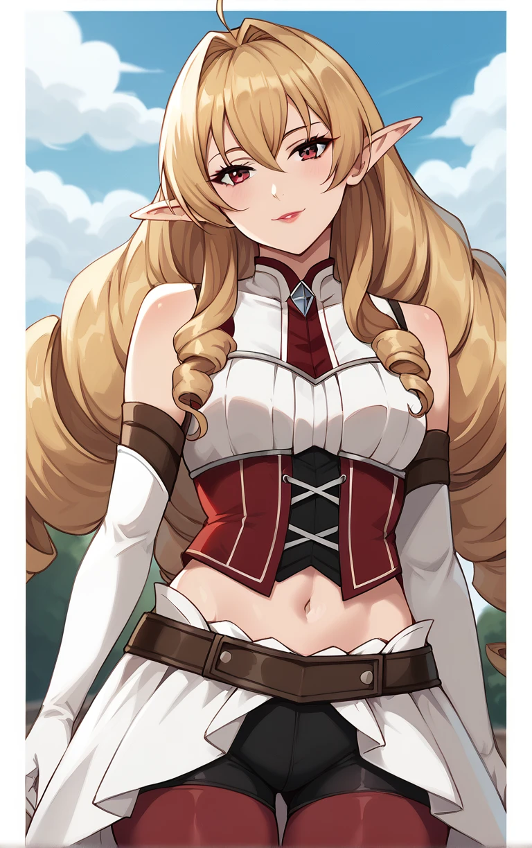 score_9, score_8_up, score_7_up, BREAK 
MainOutfit_ElinaliseDragonroad_ownwaifu, 
1girl, big hair, blonde hair, breasts, drill hair, elf, hair between eyes, long hair, makeup, pointy ears, red eyes, red lips, bangs, hair intakes, medium breasts, braid, lipstick, 
black shorts, brown belt, detached sleeves, open skirt, red corset, red pantyhose, sleeveless turtleneck, thigh boots, turtleneck, white skirt, bare shoulders, midriff, navel, shorts, armor, gloves, thighhighs, short shorts, bike shorts, pantyhose, red thighhighs, sleeveless, white dress, belt, elbow gloves, long sleeves, skirt, white shirt, 
(portrait, head tilt, looking at viewer), straight-on,  white border, bokeh, <lora:PONYXL_MushokuTensei_ElinaliseDragonroad_ownwaifu:0.8>, solo,