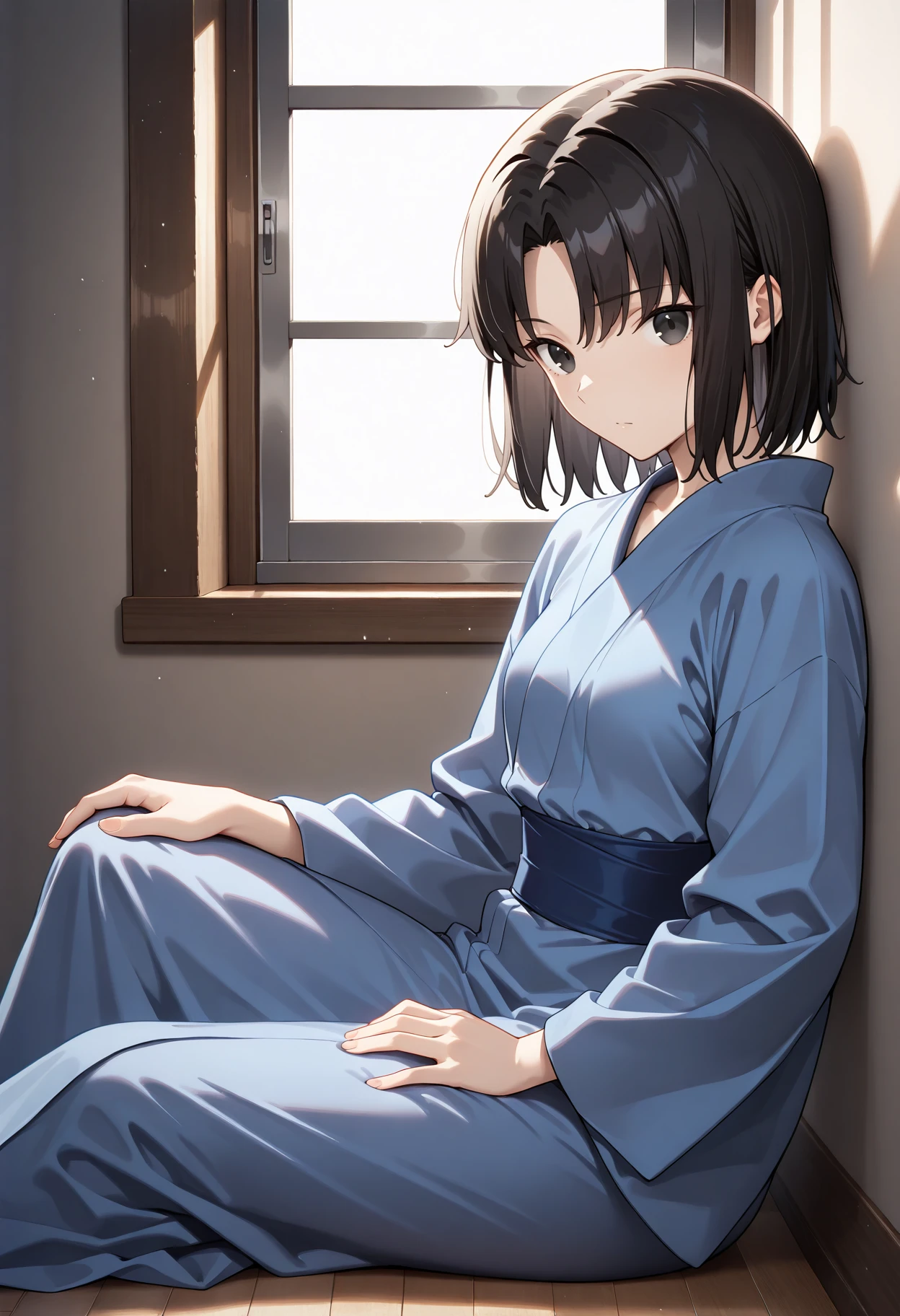 masterpiece,best quality,   r_shiki, 1girl, solo, short hair, parted bangs, black hair ,black eyes, blue kimono, japanese clothes,sash,long sleeves, small breasts, hand on own thigh, sitting,  from side,looking at viewer, against wall, on ground, window,<lora:r_shiki2_IL-000009:0.9>