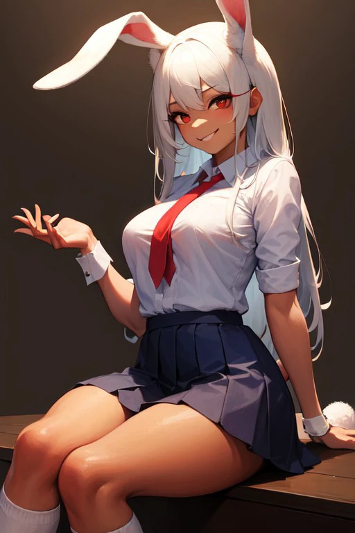 masterpiece, best quality, 32k, high resolution, absurdres, gyaru rabbit girl, red eyes, white shirt, pleated skirt, school uniform, thick thighs, smile, socks, long hair, sitting, white socks