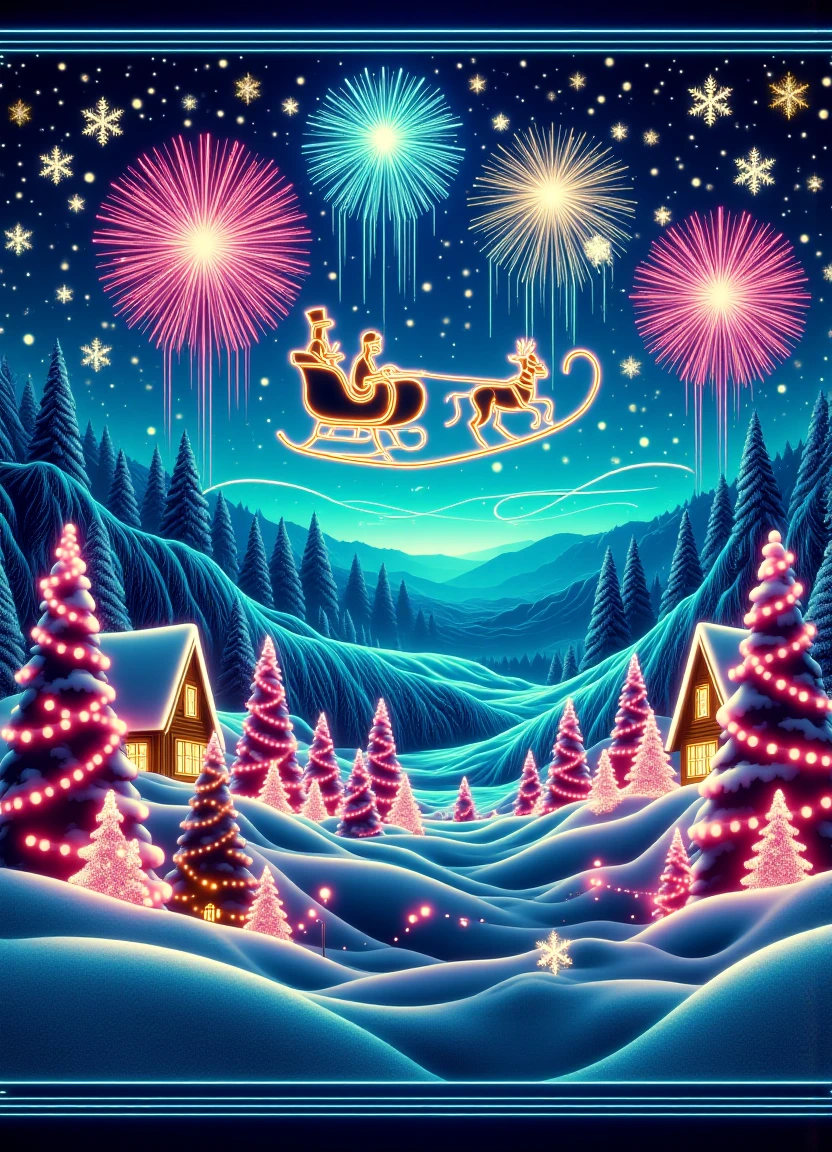 a whimsical winter wonderland scene with a donm30nchr1stgh0stsfx sleigh in the foreground flying over a snowy village surrounded by festive feast decorations featuring candy canes and a serene peaceful sky with fireworks displays lighting up the night accompanied by warm cozy scenes of loved ones watching classic christmas movies together on a snowflake-covered screen