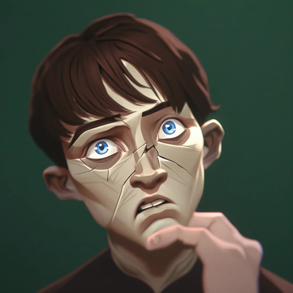 4rc4n3s2styl3, arcanes2style, arcane s2 style, solo, looking at viewer, short hair, bangs, blue eyes, brown hair, 1boy, male focus, parted lips, teeth, hand up, blurry, portrait, green background, cracked skin