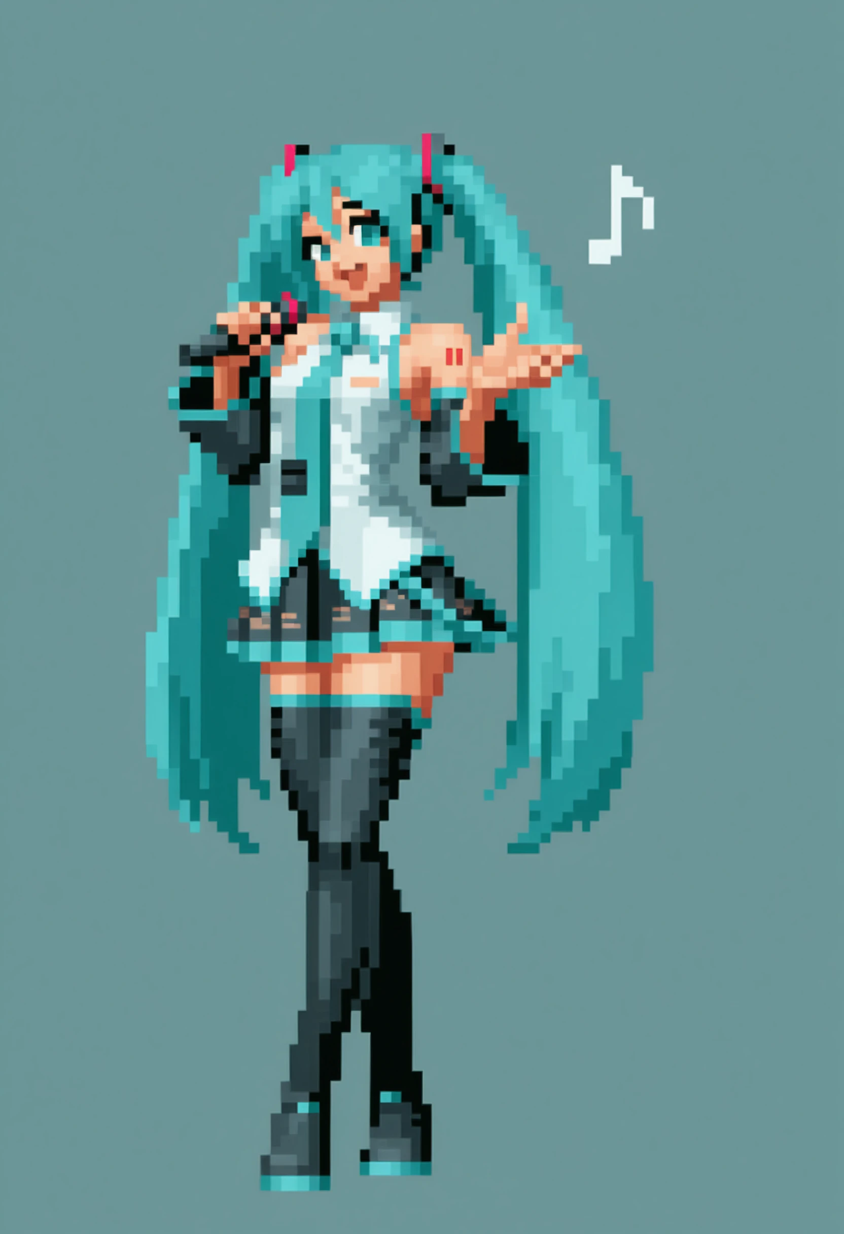 masterpiece, best quality, solo, 1girl, smile, looking at viewer, <lora:NeoGeo-Sprites-illus_Fp:1>, full body, simple background, pixel art, hatsune miku, holding microphone, singing, musical note,