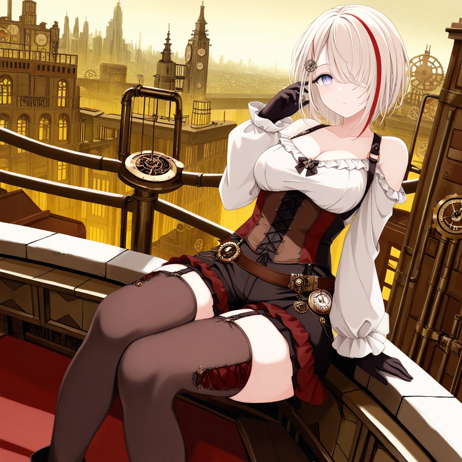 safe, masterpiece, very aesthetic, 1girl, duisburg, steampunk, corset, cleavage, frilly, long sleeves, gloves, clockwork, pocketwatch, sitting, cityscape, on ledge
<lora:Duisburg-AzurLane_NAIXL_v10:1>