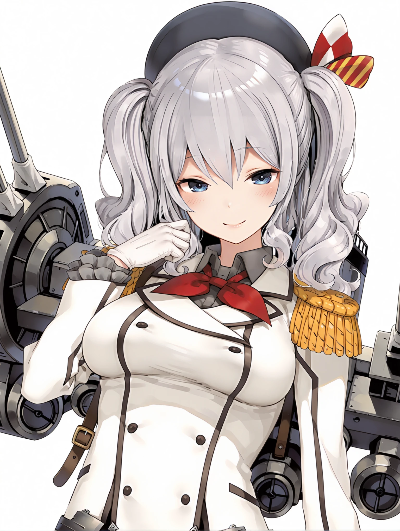 masterpiece,best quality,amazing quality,1girl,solo,
<lora:kashima_ilxl_v1.1:1>,kashima,k_hat,k_clothes,k_ro,machinery,turret,
<lora:Fixhands_anime_bdsqlsz_V1:1>,looking_at_viewer,upper_body,face_focus,dynamic_angle,cinematic_angle,smile,light_blush,white_background,simple_background,hand to own mouth,