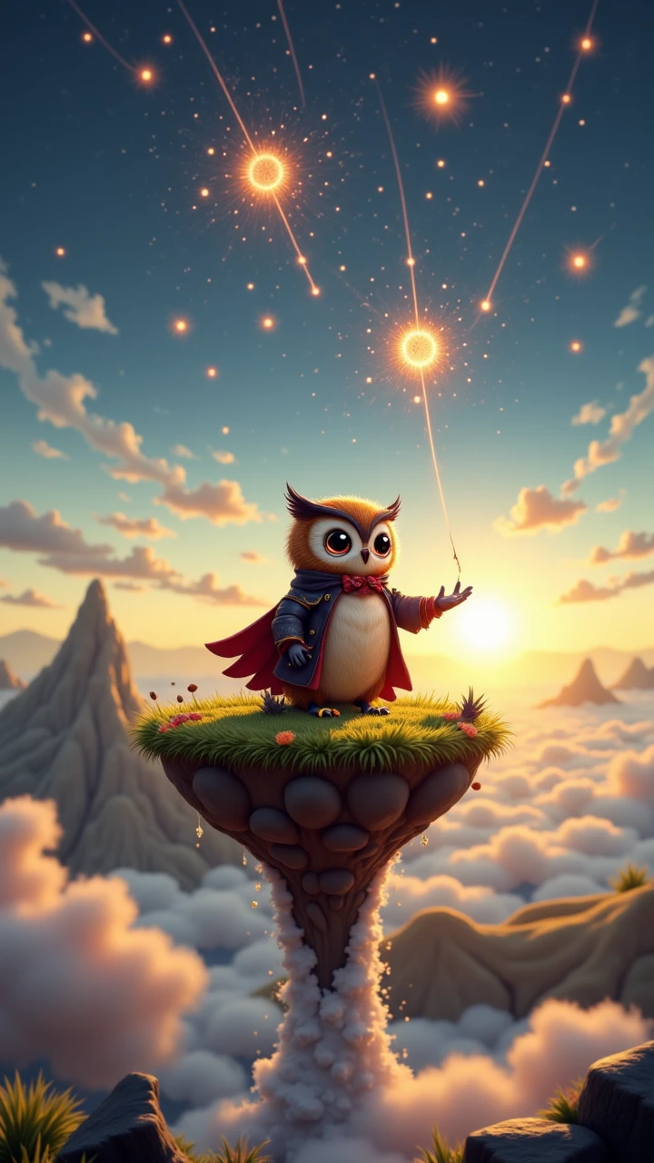 Imagine a floating sky island where a chibi owl wizard with a starry cloak casts a spell. Sparks of magic form constellations in the air as the island drifts through a golden sunset. , aidmareduxstyle