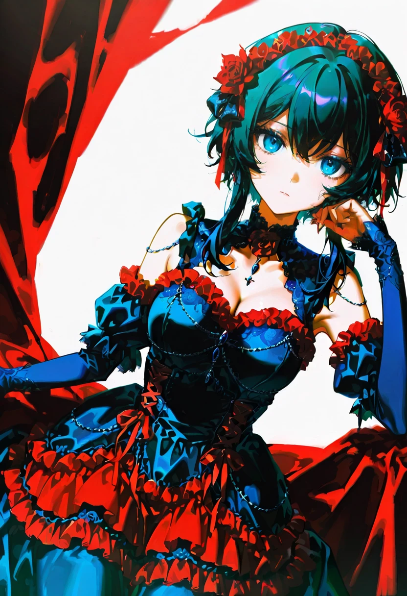 1girl,solo,looking at viewer,konya_karasue,y2khar dress, frills, dress, red flower, mitaka_asa