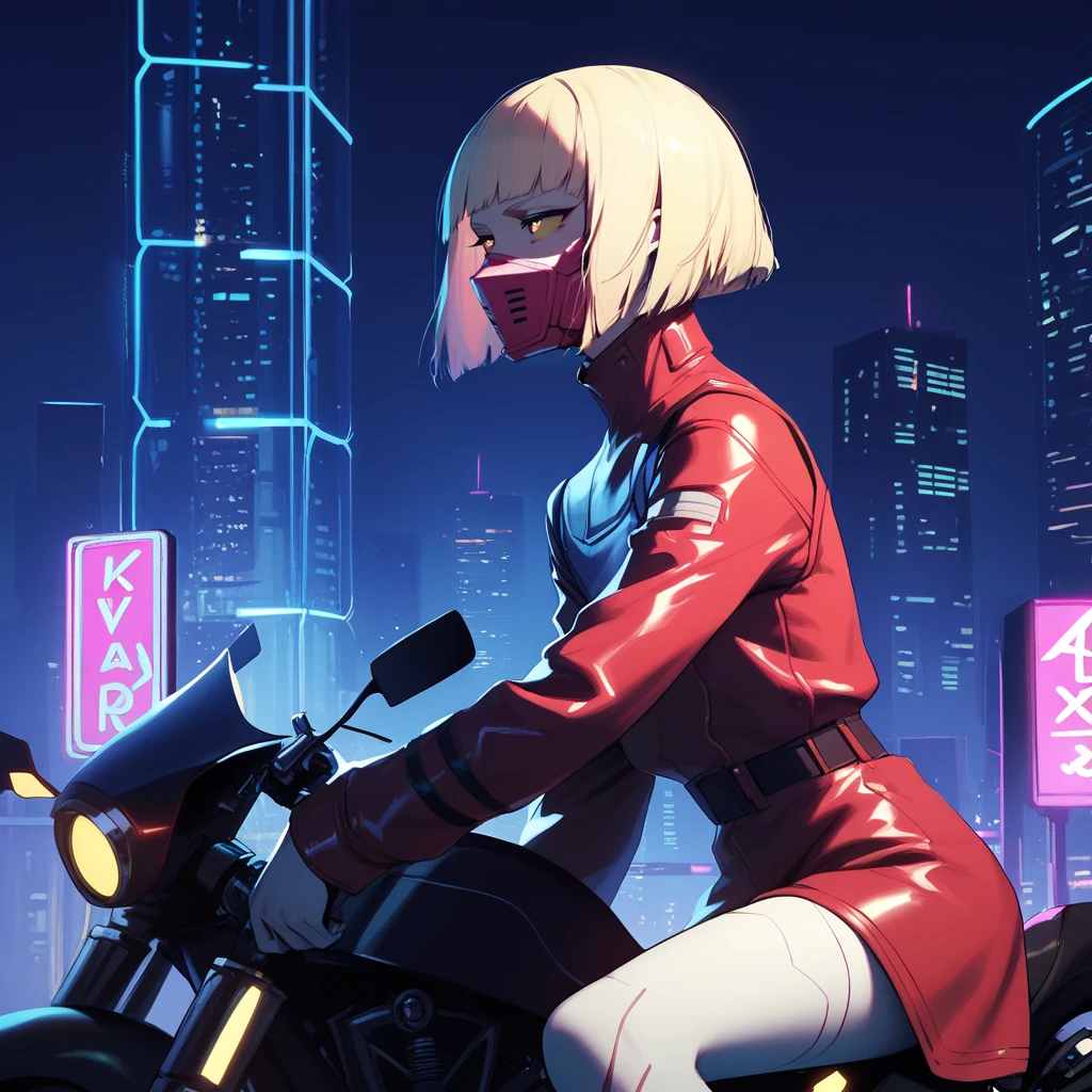 1girl, solo, side view, cityscape, neon, riding motorcycle, cpkiwi, cyberpunk, blonde hair, bob cut, blunt bangs, yellow sclera, high collar, long sleeves, red pupils, mouth mask, leather <lora:CPER_Kiwi-PONY:0.8>, score_8_up, score_7_up, score_6_up, score_5_up