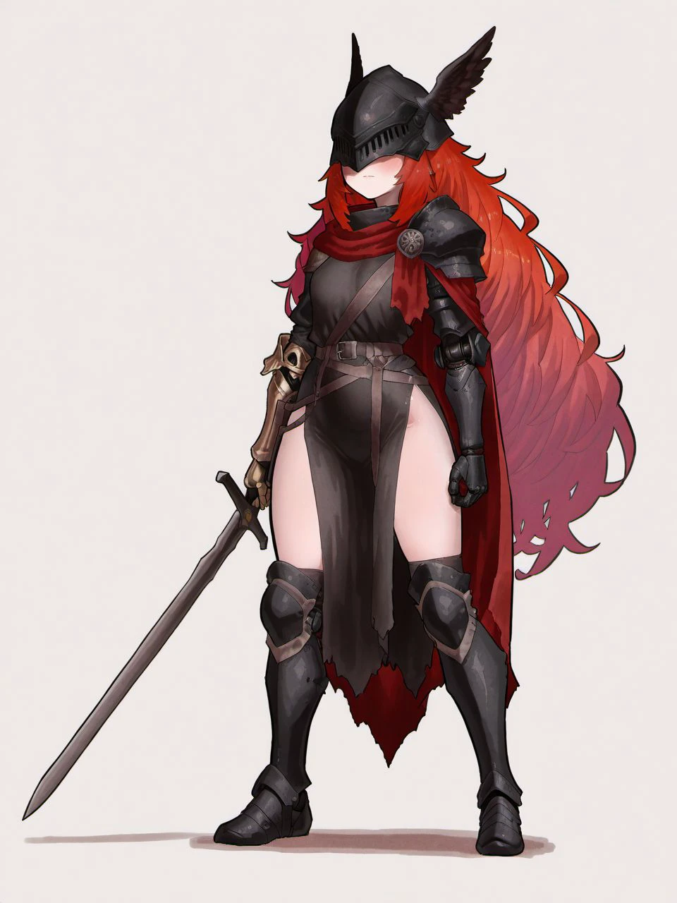 masterpiece, best quality, amazing quality, very aesthetic, high resolution,
ekrea jan style, 1girl, solo, prosthesis, red hair, winged helmet, long hair, dress, simple background, helmet, weapon, prosthetic arm, cape, mechanical arms, covered eyes, red cape, prosthetic leg, holding weapon, holding, single mechanical arm, closed mouth, sword, holding sword, white background, amputee, very long hair, armor,
<lora:ekrea_jan_style_v2_epoch_7:0.9>,