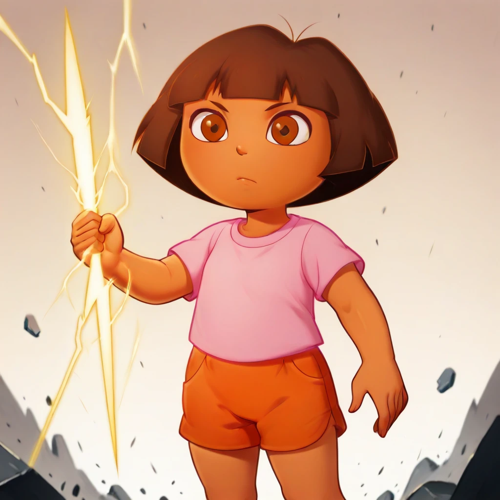 masterpiece, best quality, 1girl, solo, Dora, short hair, brown hair, brown eyes, tan, pink shirt, orange shorts, cowboy shot, <lora:DoraTheExplorer_illustrious_Leaf3:1>, HoldingZeusThunderBolt, holding lightning,  <lora:HoldingZeusThunderBolt_illustrious_Leaf2-000019:1>, debris,