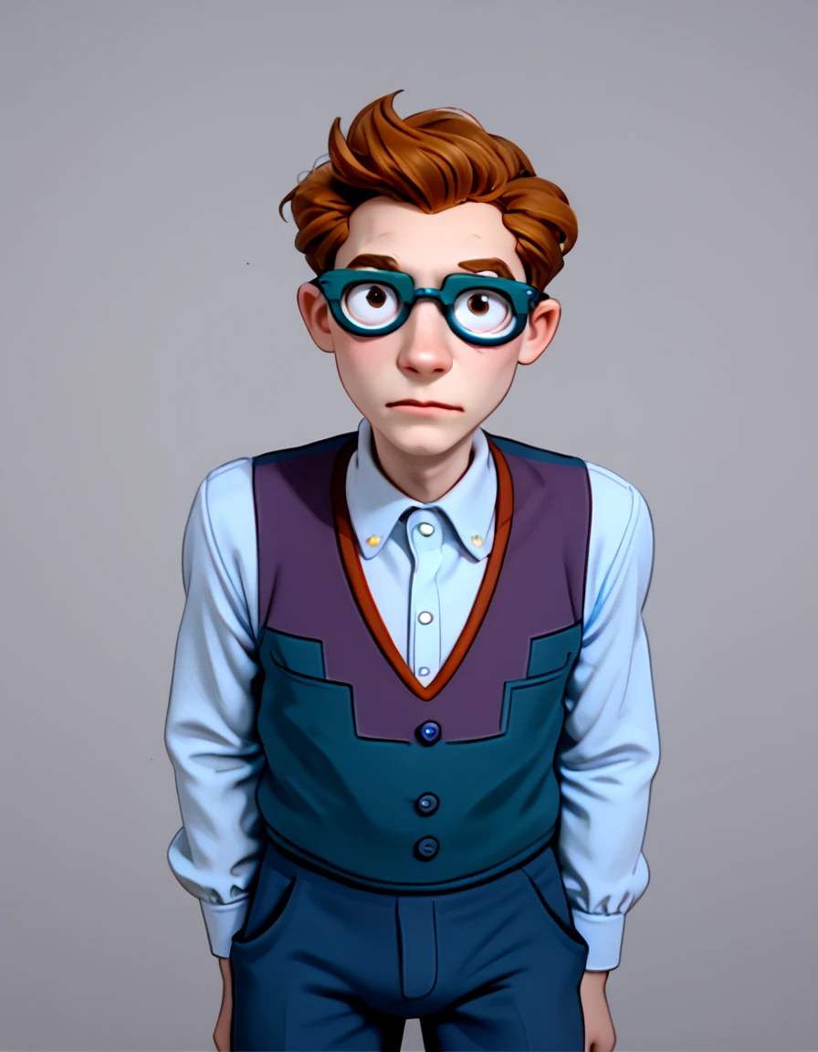 <lora:Dru_Pickles_PONY:0.9> 1boy, dru_pickles, solo, male focus, brown hair, short hair, blue-framed eyewear, vest, blue vest,  long sleeves, collared shirt, white shirt, pants, blue pants, shoes, portrait, looking at view,, source_cartoon, score_9, score_8_up, score_7_up, score_6_up, score_5_up, score_4_up,