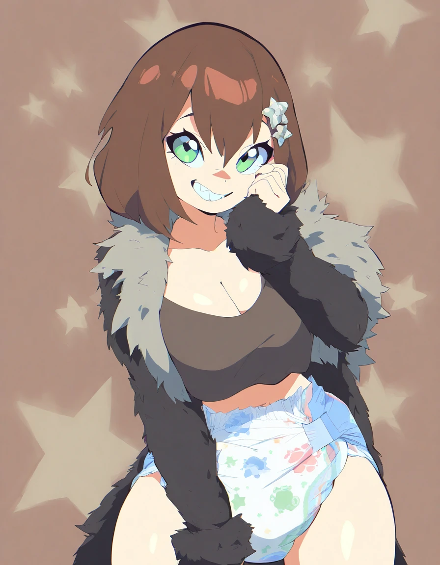 masterpiece, best quality, newest, 1girl, (diaper:1.2), aetherion, star-symbol-background, hair-between-eyes, heart, grin, standing, long-hair, crop-top-overhang, makeup, long-sleeves, open-clothes, brown-eyes, feather-coat, looking-at-viewer, short-hair, brown-hair, hair-ornament, hand-on-own-cheek, cleavage, green-eyes, japanese-clothes 