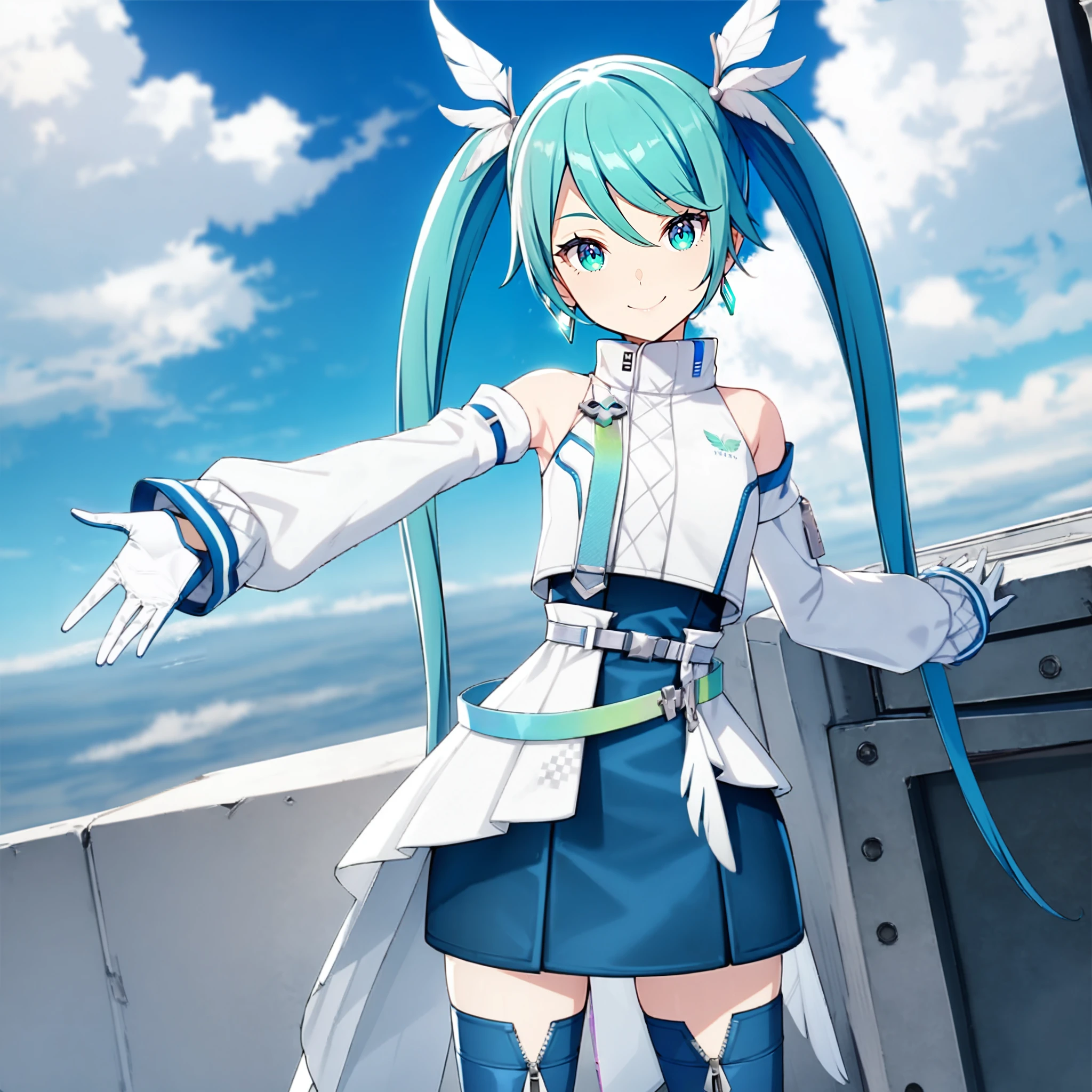 1girl, masterpiece, very aesthetic, absurdres, official art,
assistingfeather, green very long hair, tweintails, aqua eyes, swept bangs, floating hair, perfect hand,
looking at viewer, smiling, standing, contrapposto, tilt head, reaching towards viewer, cowboy shot, dutch angle, BREAK
(feather:1.4), thighhighs, white gloves, detached sleeves, blue skirt, zipper, zettai ryouiki, white sleeves,  belt, hair ornament, white jacket, bare shoulders, earrings,
blue theme, outdoors, beautiful blue sky, above clouds, fancy, cute, pop,
<lora:sdxl-vs-AssistingFeather01:0.9:lbw=0,0,0.2,0.2,0,0.4,0.4,0,0.8,0.8,0,0,0,0.8,0.8,0.6,0.8,0.0,0.0,0.0,0,0,0,0,0,0>