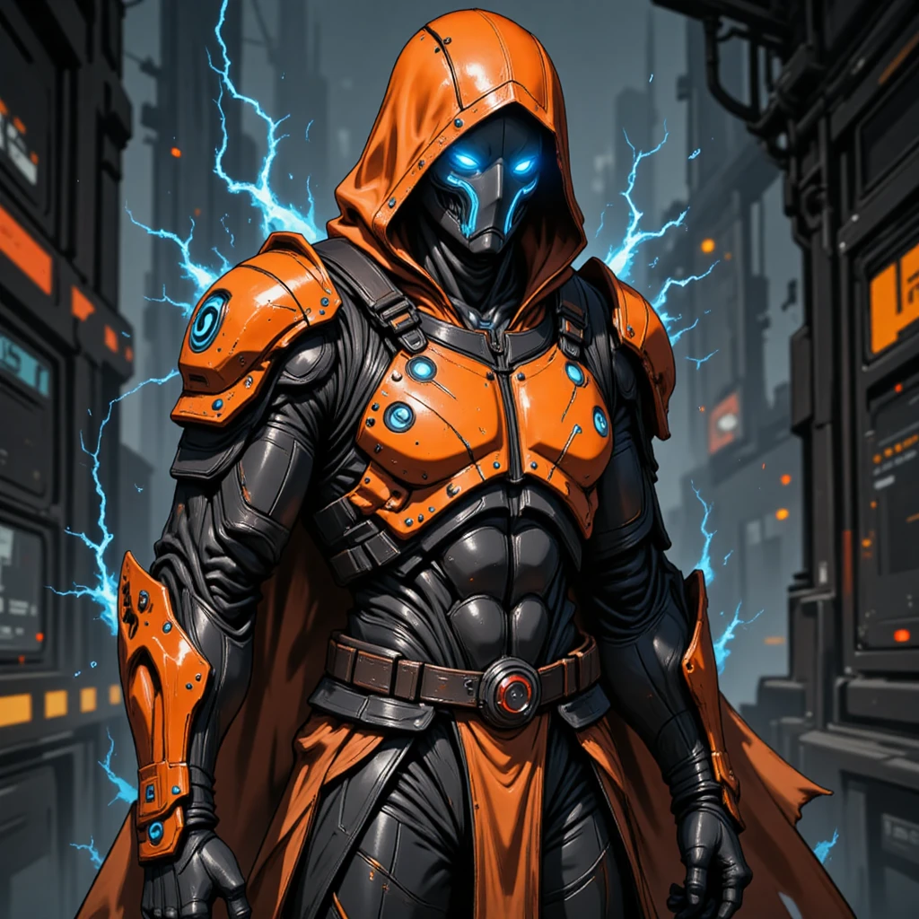 oren-bot-mmxxiv,  a digital illustration in a stylized  futuristic cyberpunk art style. The subject is a humanoid figure  likely a soldier or mercenary  dressed in high-tech  orange and black armor with glowing blue accents. The armor features a hooded cloak that drapes over the figure's head  with the hood pulled up  obscuring the face  except for the glowing blue visor that covers the eyes  giving a robotic or cybernetic appearance. The visor's glow casts a bright  ethereal light on the armor  highlighting the intricate details and textures.