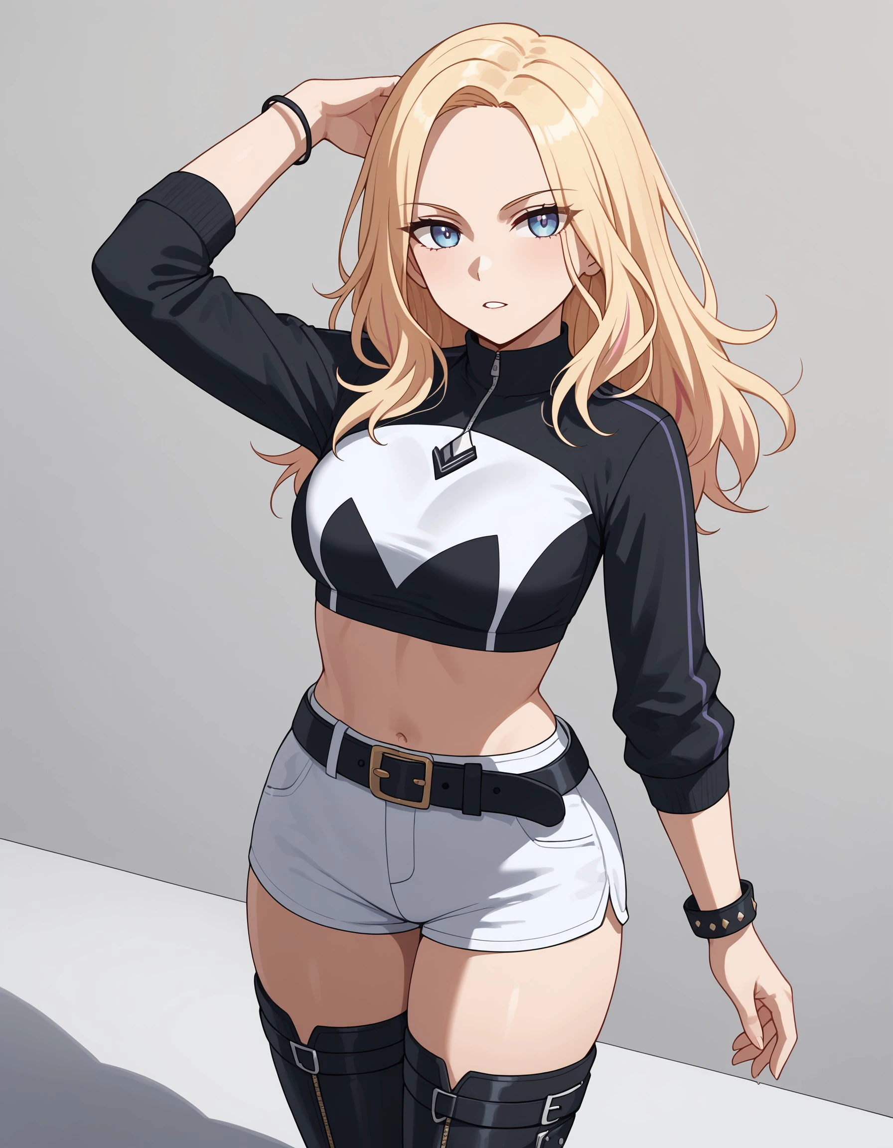 (masterpiece), best quality, expressive eyes, perfect face, shorts, midriff, navel, bracelet, belt, jewelry, boots, short shorts, breasts, white shorts, arm up, long sleeves, looking at viewer, crop top, black footwear, shadow, thigh boots, medium breasts, parted lips, standing, shirt, stomach, thighhighs, black belt, sena_juo, <lora:738bdc2f-e4c4-4cf3-8bec-52dbcc3a955f:0.7>