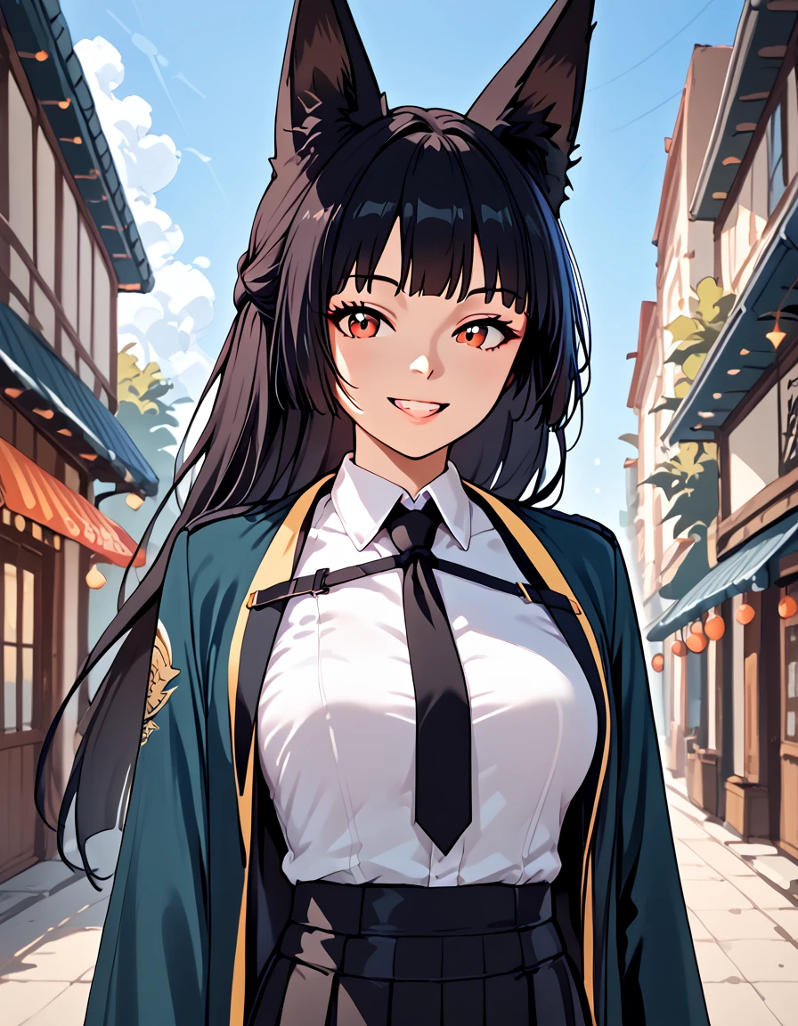 score_9, score_8_up, score_7_up, score_6_up, score_5_up, score_4_up, source_anime   <lora:ZenlessZoneZero:1>, portrait, smile,  hoshimimiyabi, red eyes, black hair, long hair, fox ears, necktie, collared shirt, white shirt, fingerless gloves, black skirt, black pantyhose,