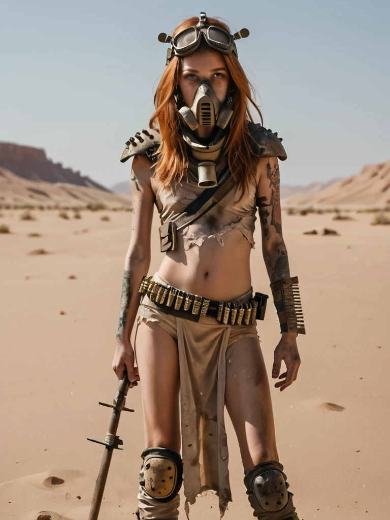 young, skinny, slim, golden hour, desert, desolate, headgear, grimy, dirty, pelvic curtain, ammo belt, wearing gas mask, 
 detailed, shoulder  pauldron, arm tattoo, standing,  goggles, sand, ginger hair, holding spiked club, long hair, torn clothes, knee pads, <lora:Wasteland_Vixens:1>