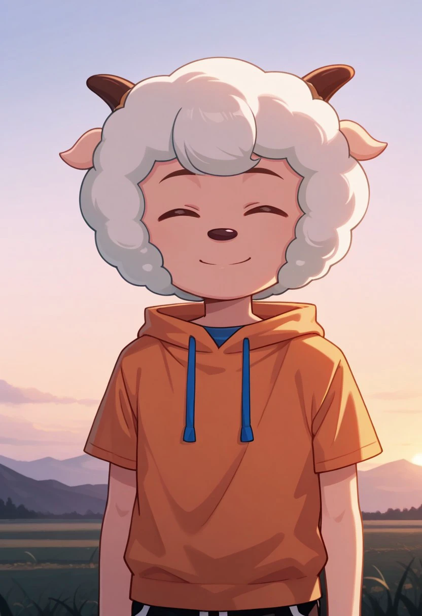 masterpiece, best quality, 
weslie, 1boy, male focus, solo, sheep boy, closed eyes, white hair, horns, sheep horns, animal ears, animal horns, shirt, orange shirt, short sleeves, drawstring, smile,
outdoor, sky,