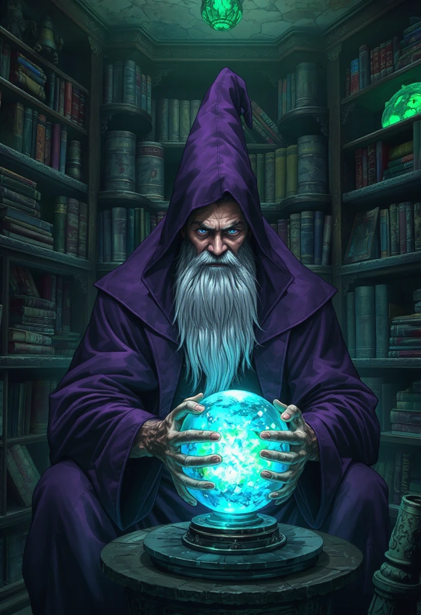 In the dark corner of his ancient study where walls are aligned with books and tombs of ancient knowledge sits a wizard. He gazes upon his crystal ball that glows with a turquoise splendor. His deep purple robes hiding his visage. A long grey beard show the extend of his wisdom to the world. His face lit up from his crystal ball. The room itself is aglow with a feint eerie lime green glow that emanates from off screen. anime, cyberpunk, ne0nfant4sy, style of Edwin Boris Vallejo