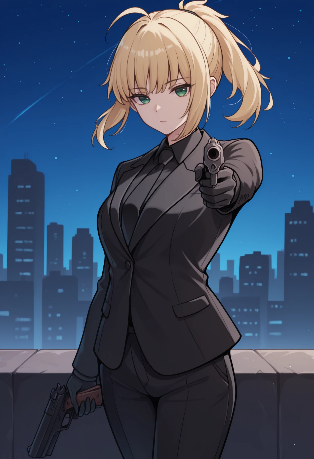 masterpiece, best quality, solo, 1girl, sbrzr, expressionless, looking at viewer, holding gun, handgun, aiming at viewer, long hair, blonde hair, ahoge, ponytail, green eyes, formal, pant suit, black jacket, long sleeves, black shirt, collared shirt, black necktie, black gloves, black pants, outdoors, night, starry sky, cityscape
<segment:yolo-Anzhc Face seg 640 v2 y8n.pt,0.4,0.5//cid=1>