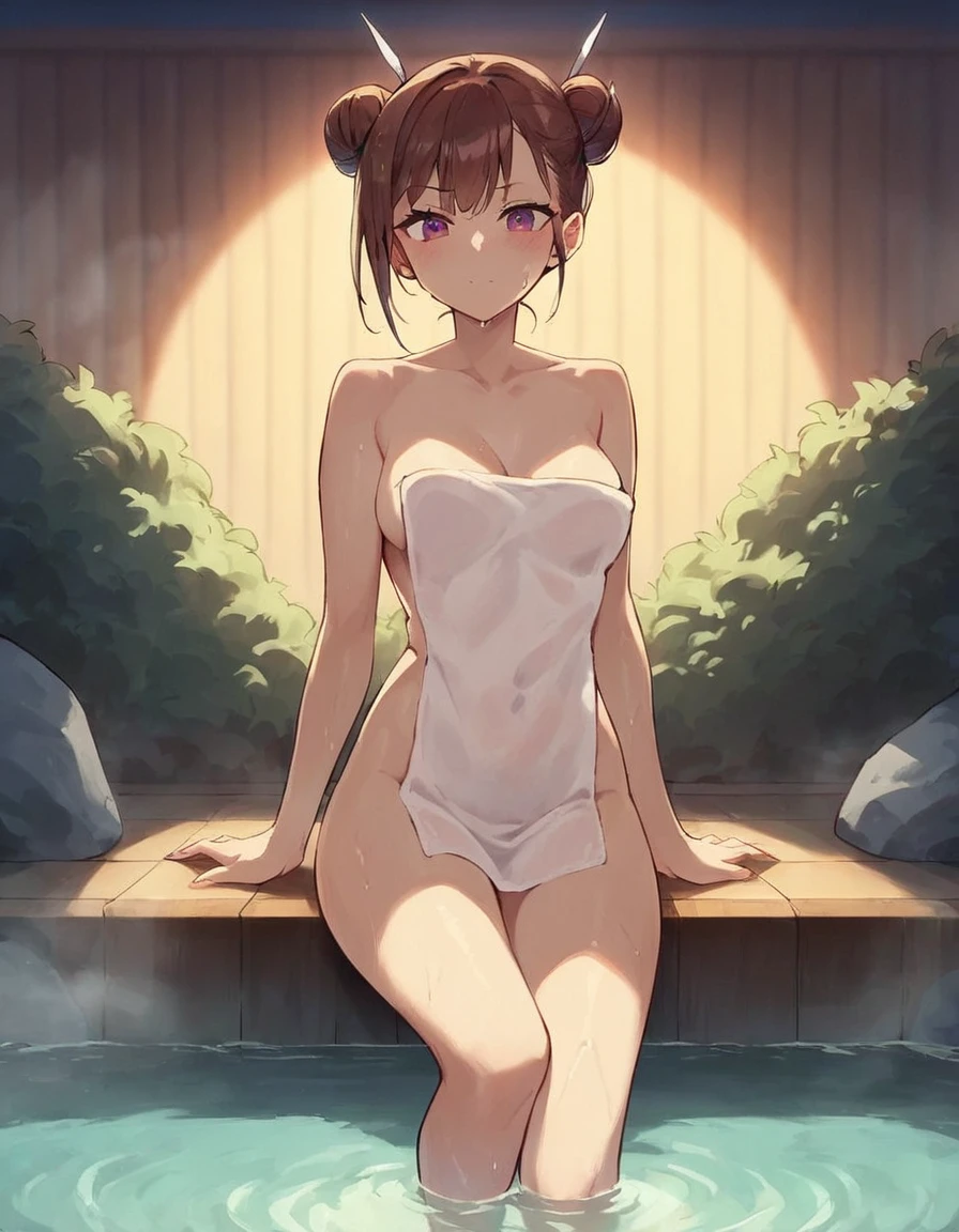 Tsuan, 1girl, solo, looking at viewer, blush, brown hair, hair ornament, holding, closed mouth, standing, purple eyes, collarbone, braid, nude, small breasts, outdoors, water, hair bun, groin, wet, v-shaped eyebrows, double bun, towel, steam, covering, wading, onsen, nude cover, holding towel