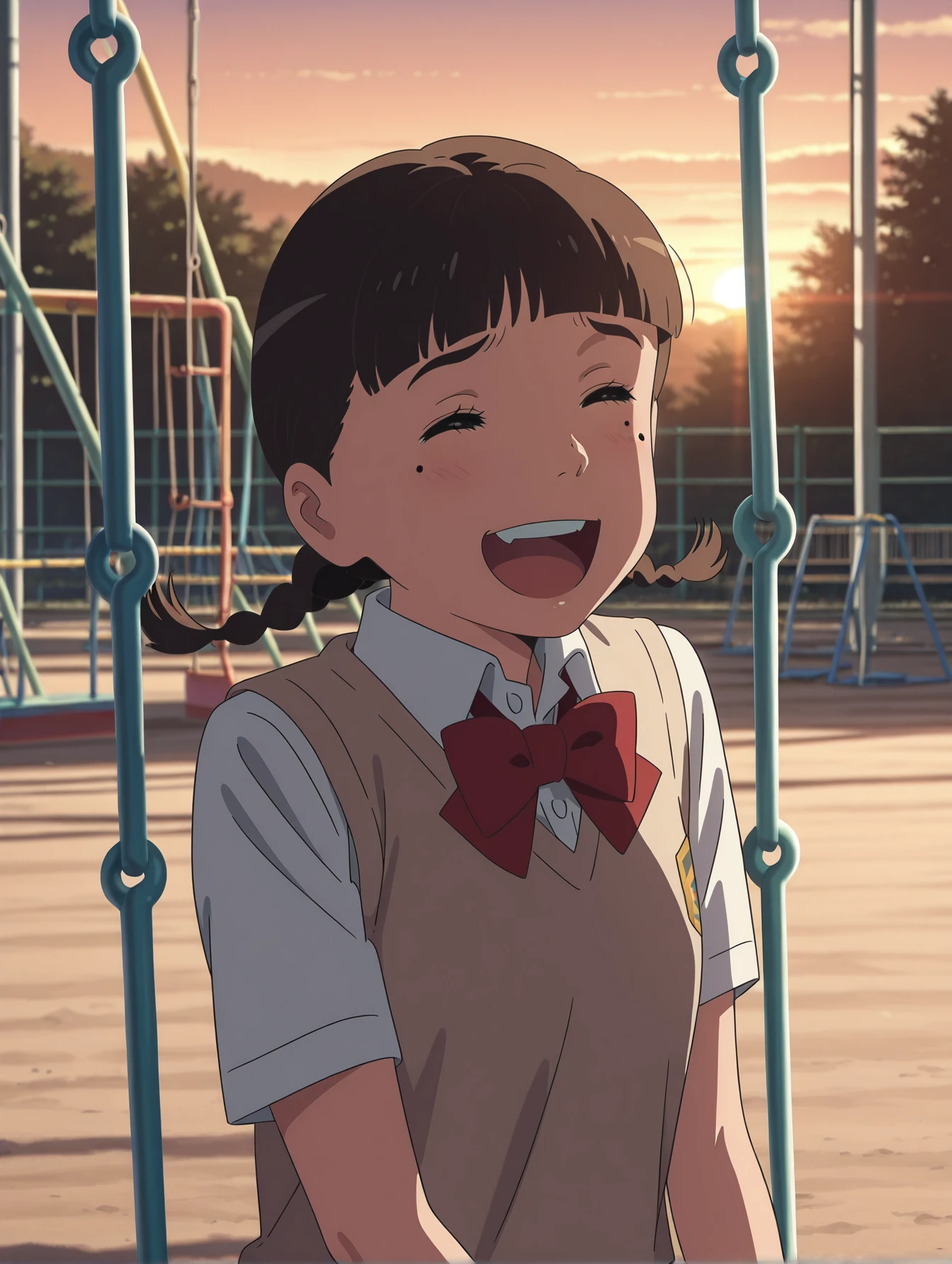 1girl, solo <lora:your-name-illustrious-000010:1> sayaka, mole under eye, twin braids, white shirt, short sleeves, collared shirt, sweater vest, red bow, laughing, swing, playground, sunset
masterpiece, best quality, cinematic lighting