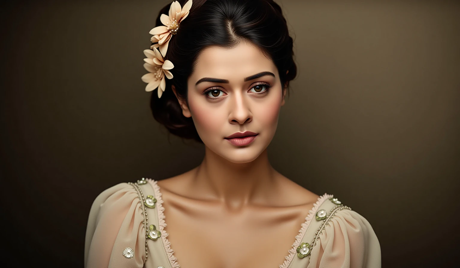  A portrait of payalrajputukohwx styled in a vintage, elegant updo.  A delicate, light beige flower embellishment adorns her hair.  Her expression is serene and contemplative, her gaze directed slightly off to the viewer's left.  She has fair skin, light brown eyes, and full, slightly rosy lips.  Her features are soft and delicate, conveying a sense of gentle melancholy.  She wears a light beige, lacy, vintage-style blouse, featuring delicate floral embroidery. The blouse's sleeves are full and flowing, creating a softly romantic impression. The setting is a simple, muted sepia-toned backdrop, suggestive of a studio portrait. The lighting is soft and diffused, creating subtle highlights across her face and hair, avoiding harsh shadows. The overall color palette is warm and muted, with deep browns and beiges. The image's composition features a close-up view, focusing on the woman's face and upper torso, with the background softly blurring into a neutral space.  The mood is evocative of vintage glamour, classic portraiture, with a touch of melancholy.  Victorian-era portrait style.  The image is rendered with meticulous detail, and a high-key lighting style emphasizes the subject's form and character.  The texture of the lace on her dress, and the hair's subtle wave, are well captured, giving the photo a timeless quality.
