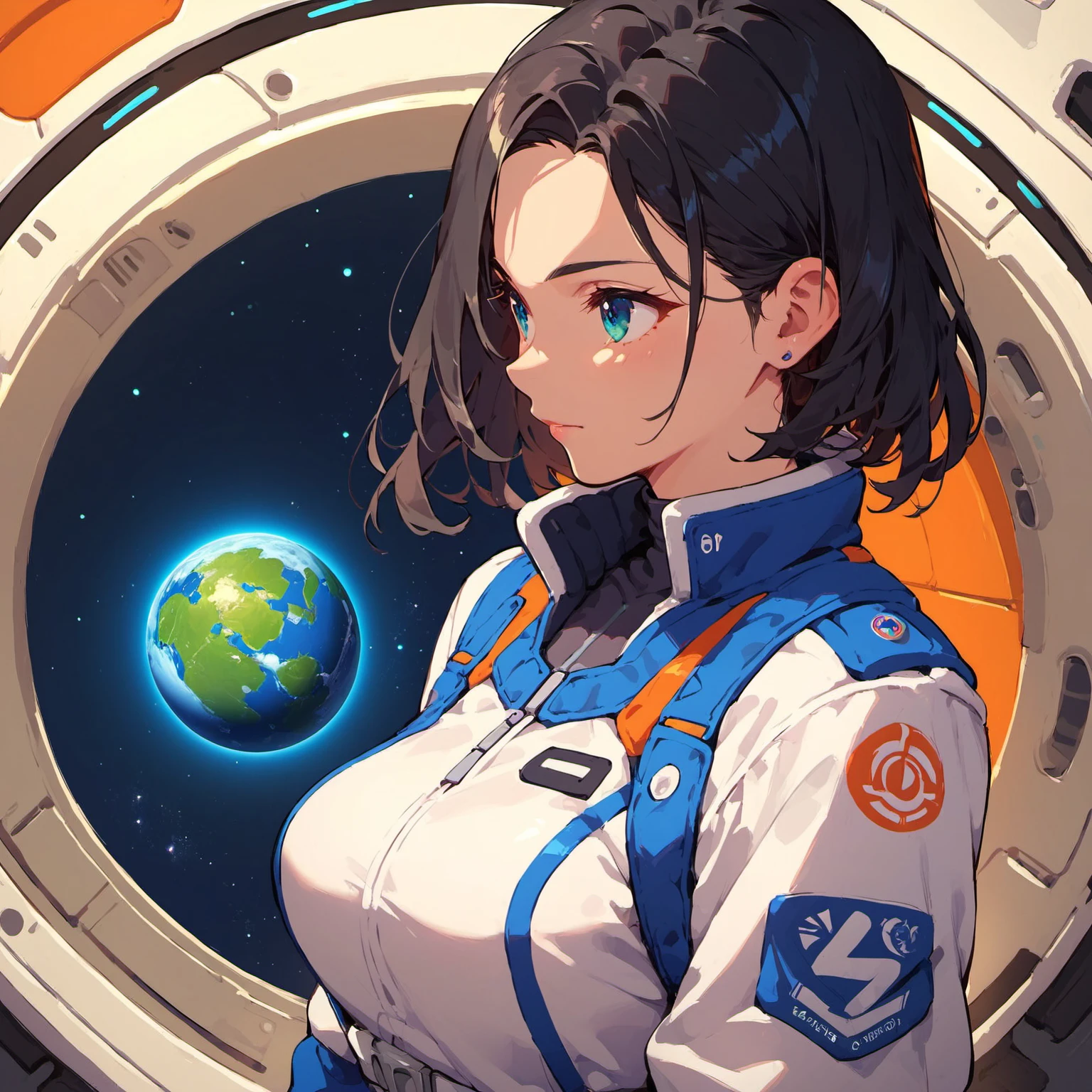(highest resolution, distinct_image), best quality, masterpiece, highly detailed, semi realistic, a woman with short black hair, mature woman, triple bangs, white and blue color flight suit, tight fitting clothes, clothes covering the whole body, beauty, spacecraft, piloting spacecraft, in flight
