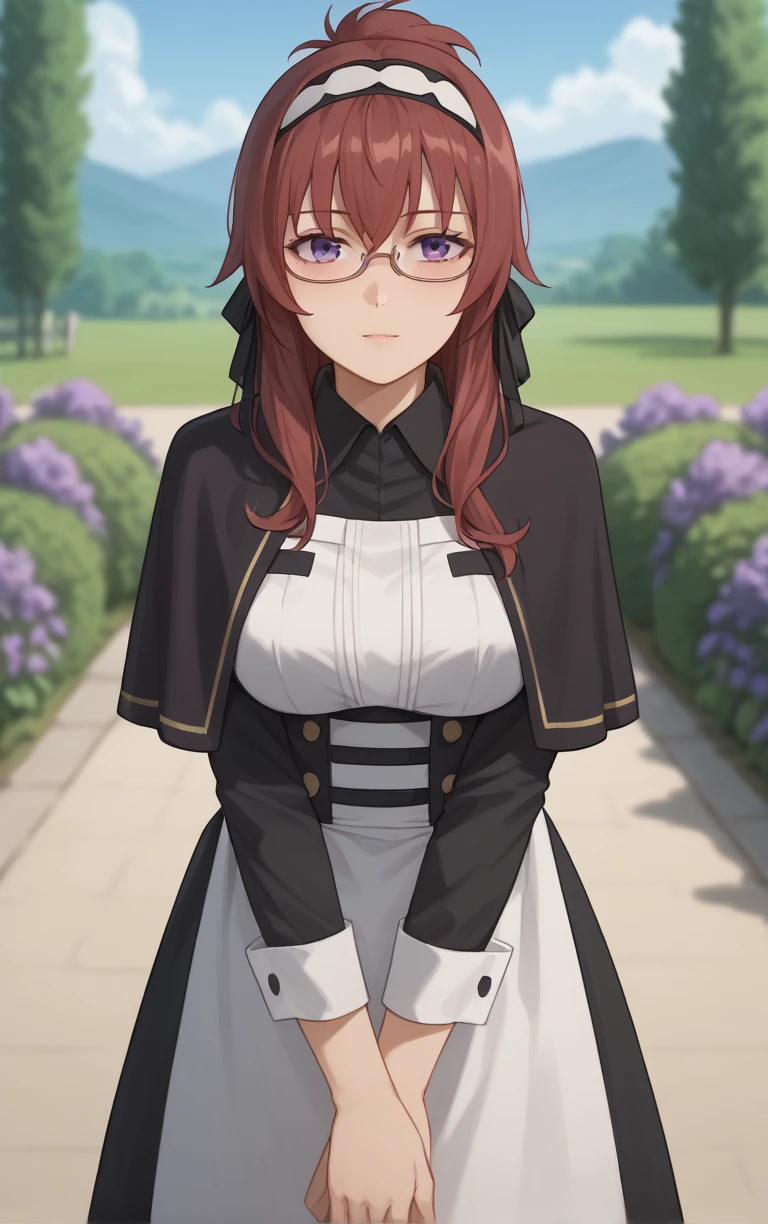 score_9, score_8_up, score_7_up, BREAK 
Capelet_LiliaGreyrat_ownwaifu, 
1girl, folded ponytail, glasses, hair between eyes, hairband, long hair, purple eyes, red hair, semi-rimless eyewear, sidelocks, under-rim eyewear, white hairband, bangs, hair ribbon, breasts,  
black capelet, fur trim,  black dress, capelet, collared shirt, juliet sleeves, long dress, maid, white apron, black ribbon, long sleeves,
(leaning forward, arms behind back), cowboy shot, garden, wisteria, outdoors, <lora:PONYXL_MushokuTensei_LiliaGreyrat_ownwaifu:0.85> , depth of field, solo,