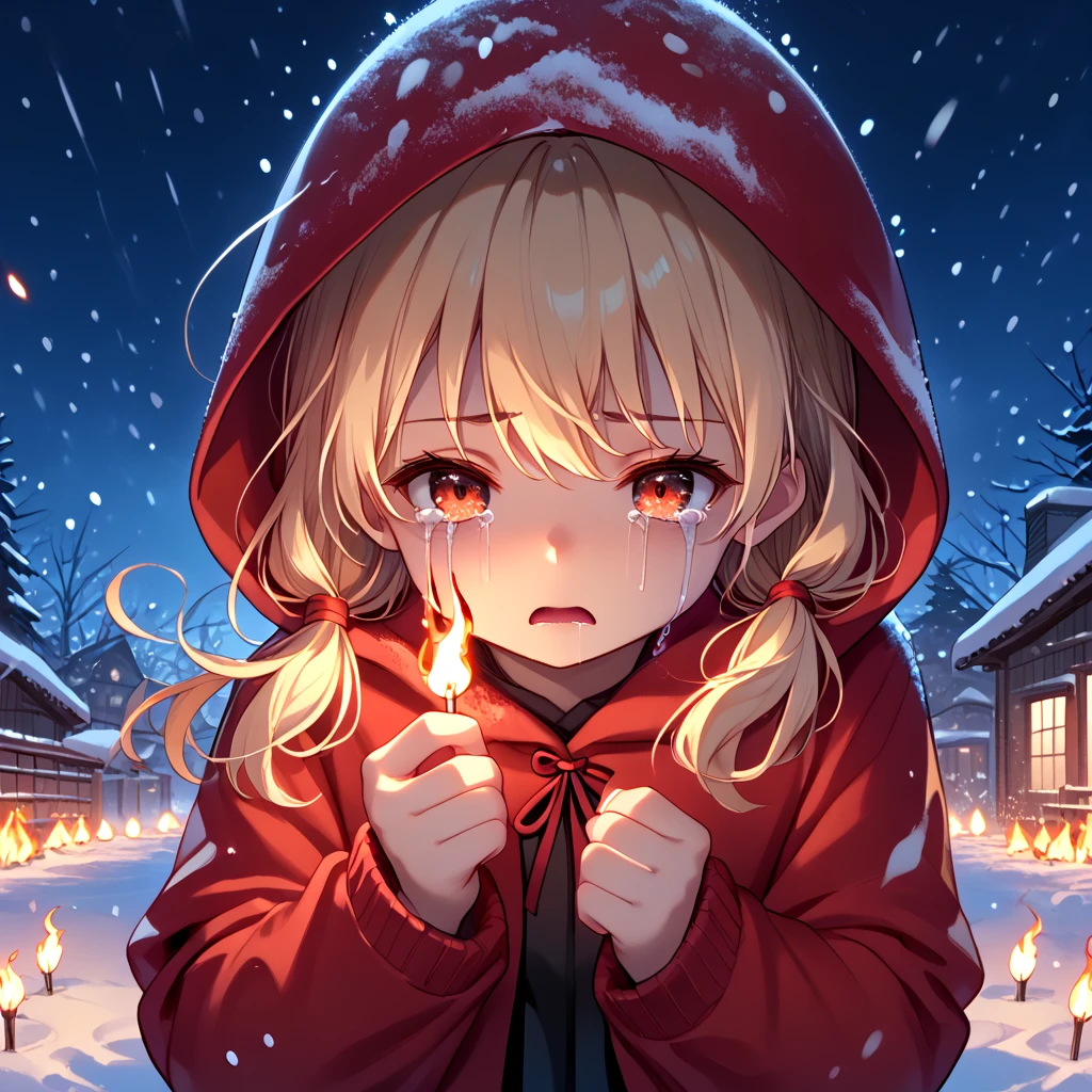 score_9, source_anime, face focus, lit match, burn, fire, flame, 1girl, tears, crying, head down, blonde hair, low twintails, red hooded jacket, black long skirt, wind, night, night sky, snow, snowing, snowstorm, <lora:girllikelitmatch_pony:1>