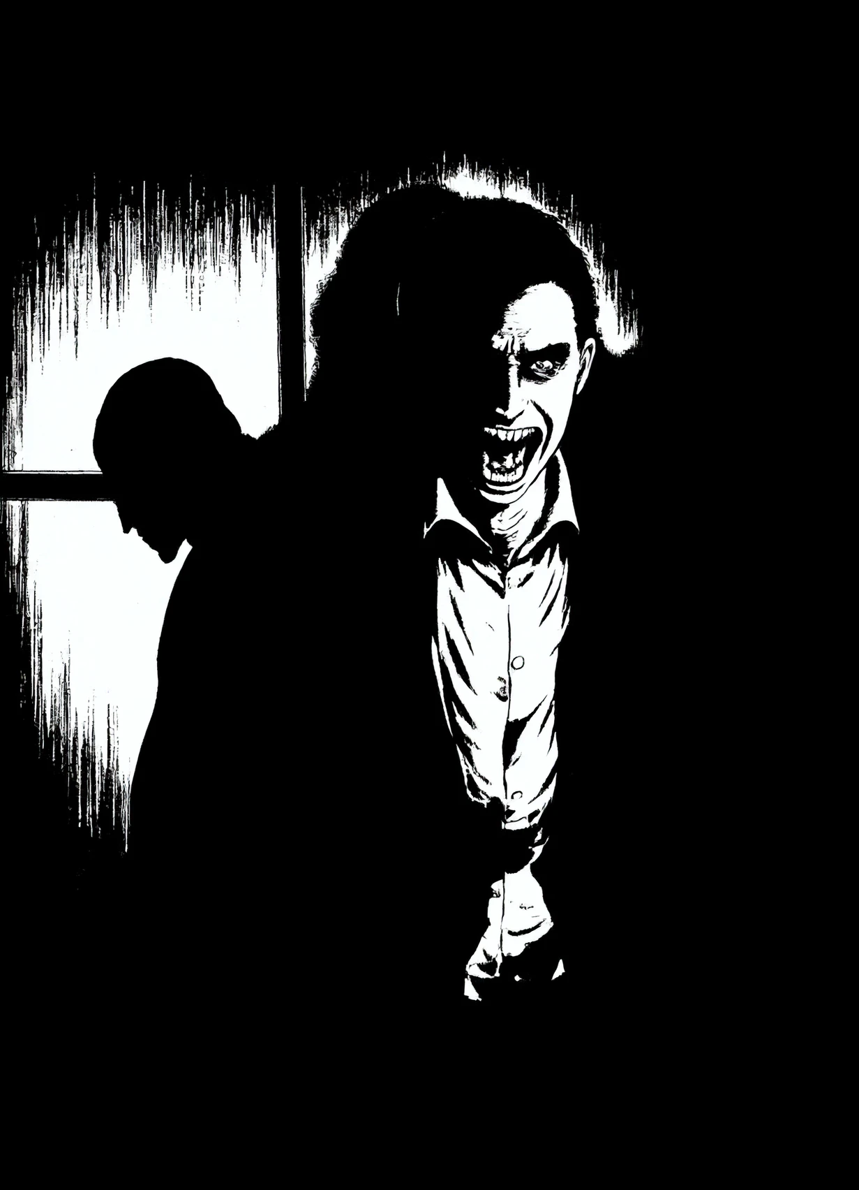 in the style of kazuoumezu ,A black and white image of a vampire lurking in the shadow